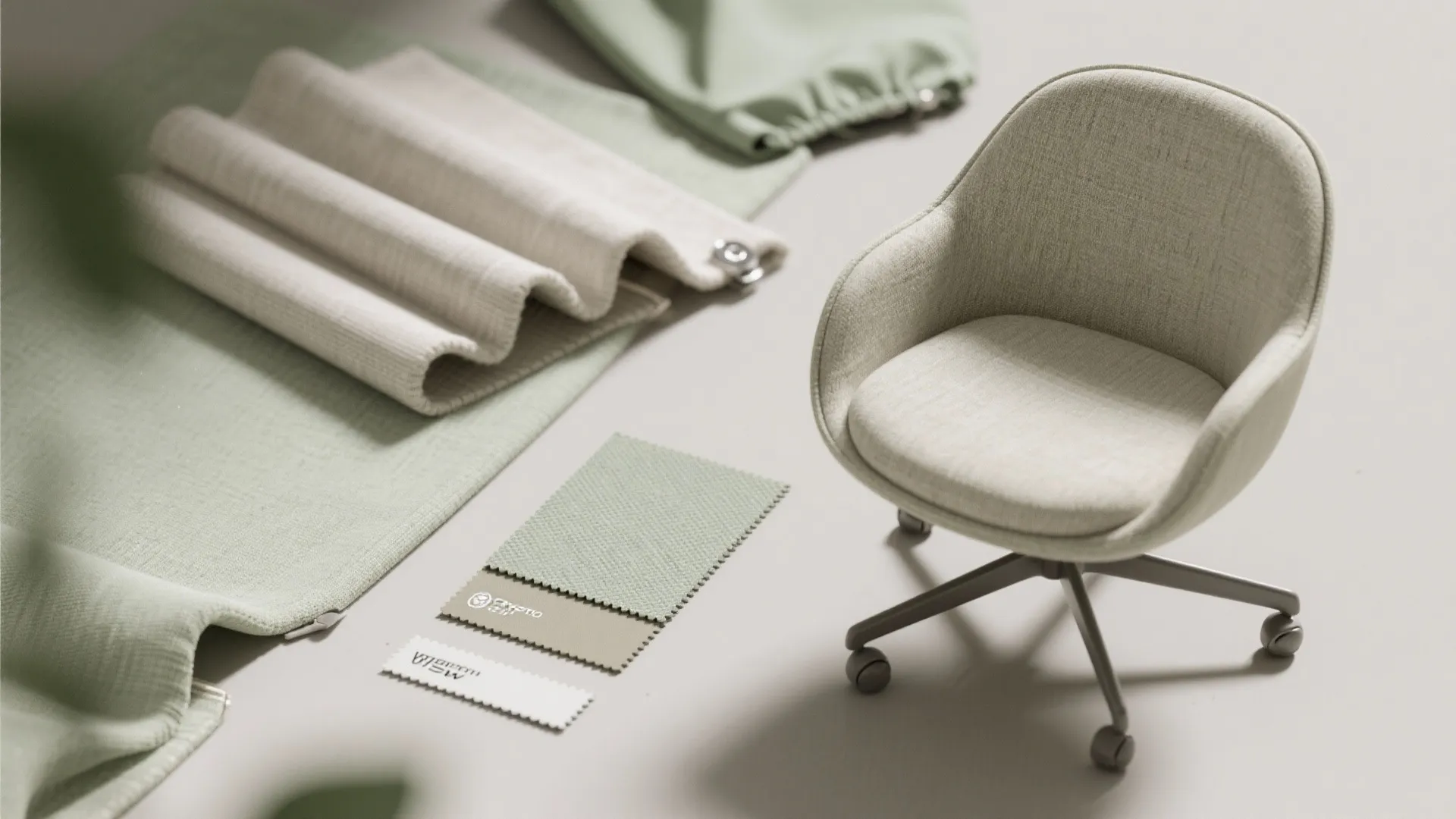 Interior design layout with a small desk chair fabric samples and green and beige textiles