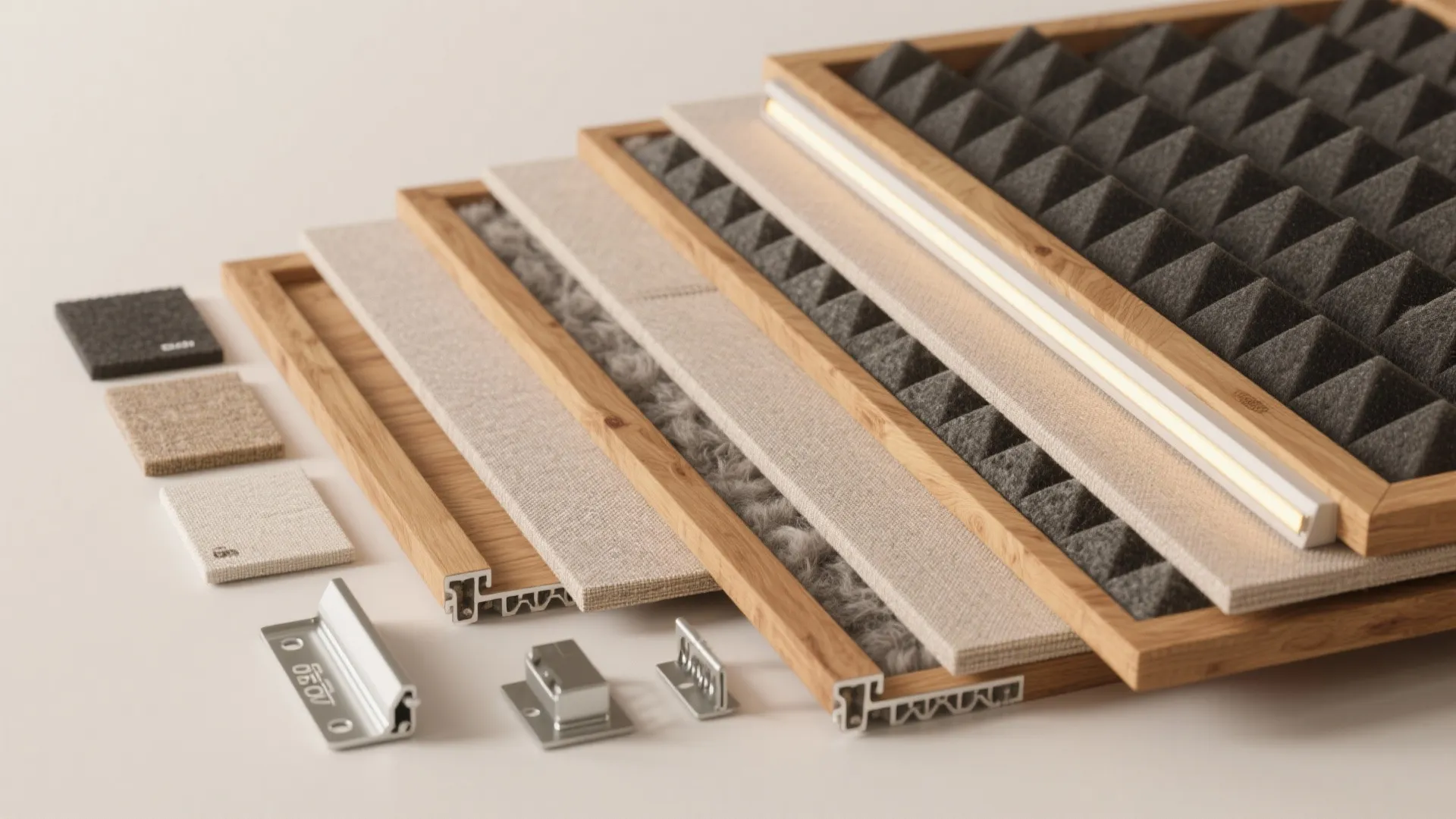 Top-down flat lay of timber frame, mineral wool, fabric swatches, and LED strip for acoustic panels.