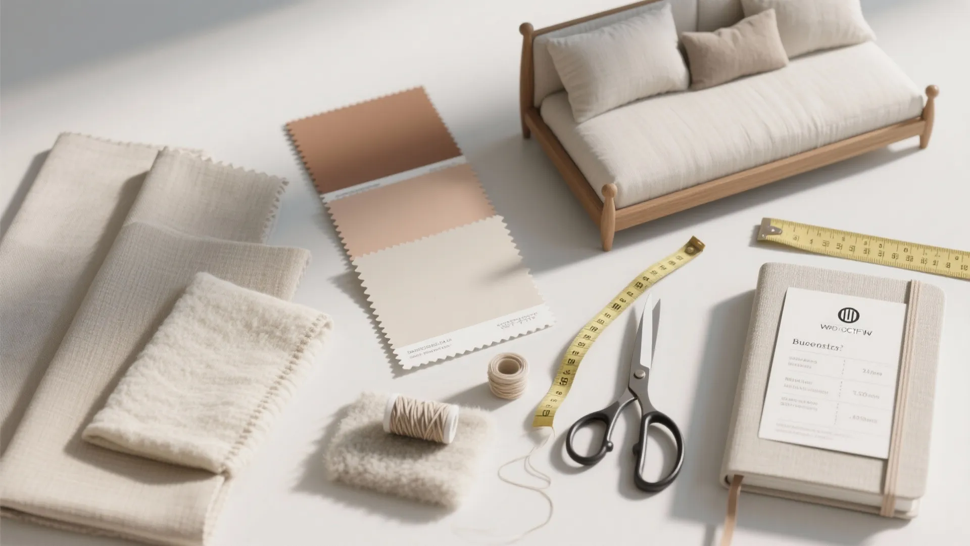 Interior design materials including fabric swatches scissors measuring tape and a small model wood sofa