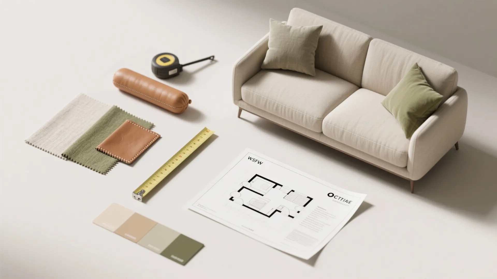 Interior design floor plan with small sofa fabric samples color swatches and measuring tape tools