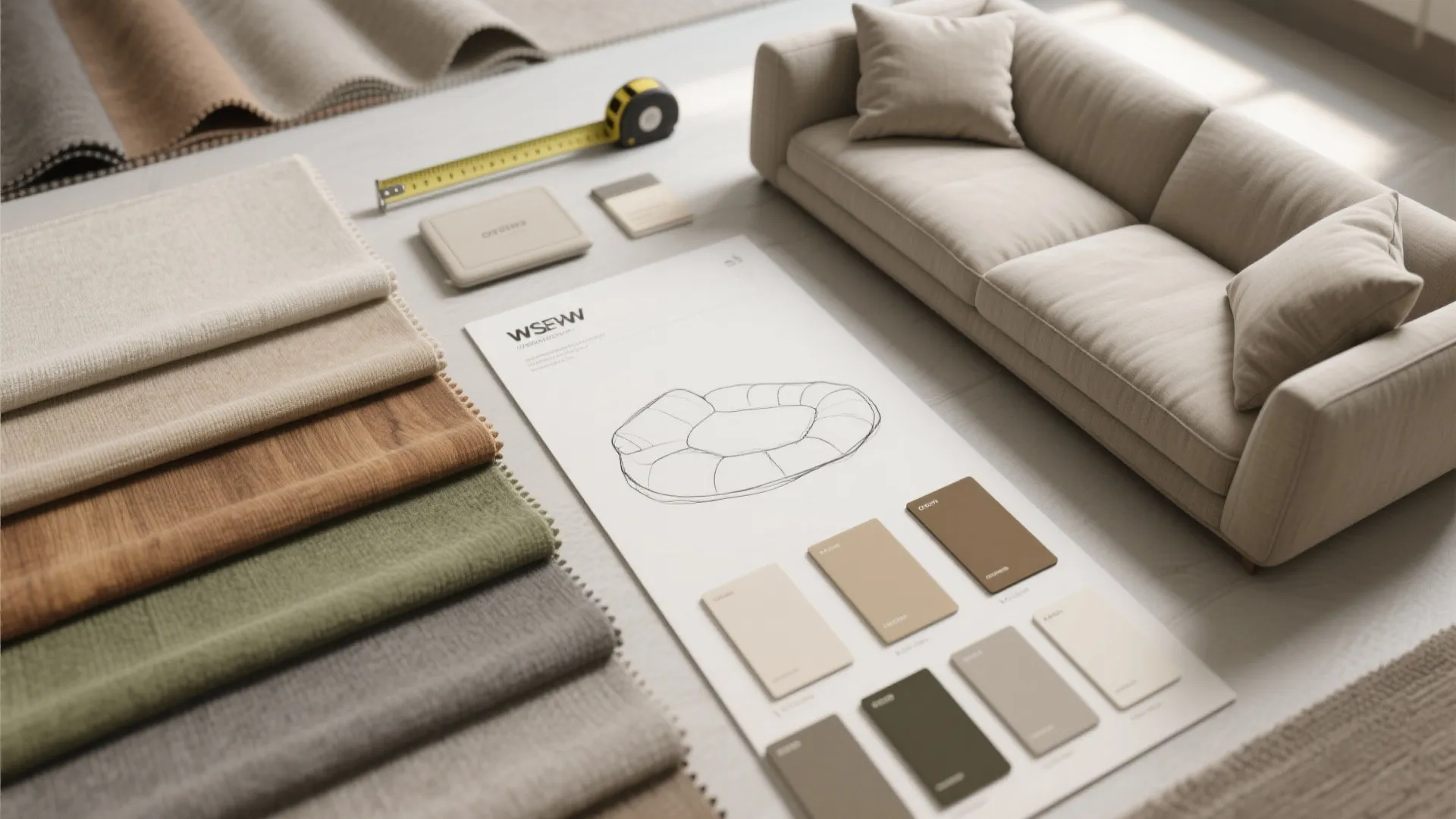 Interior design mood board with fabric swatches color samples measuring tape and a small sofa