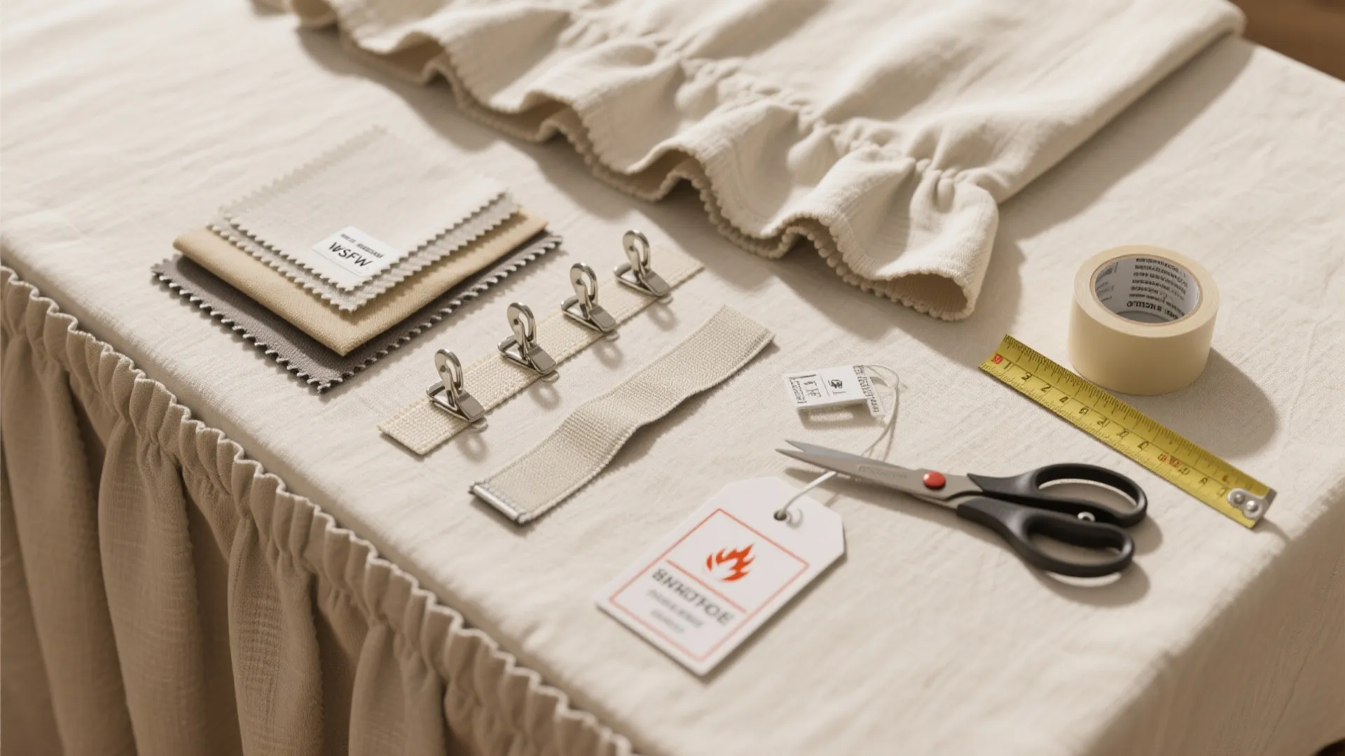 Fabric swatches on table with sewing tools including scissors measuring tape clips and masking tape