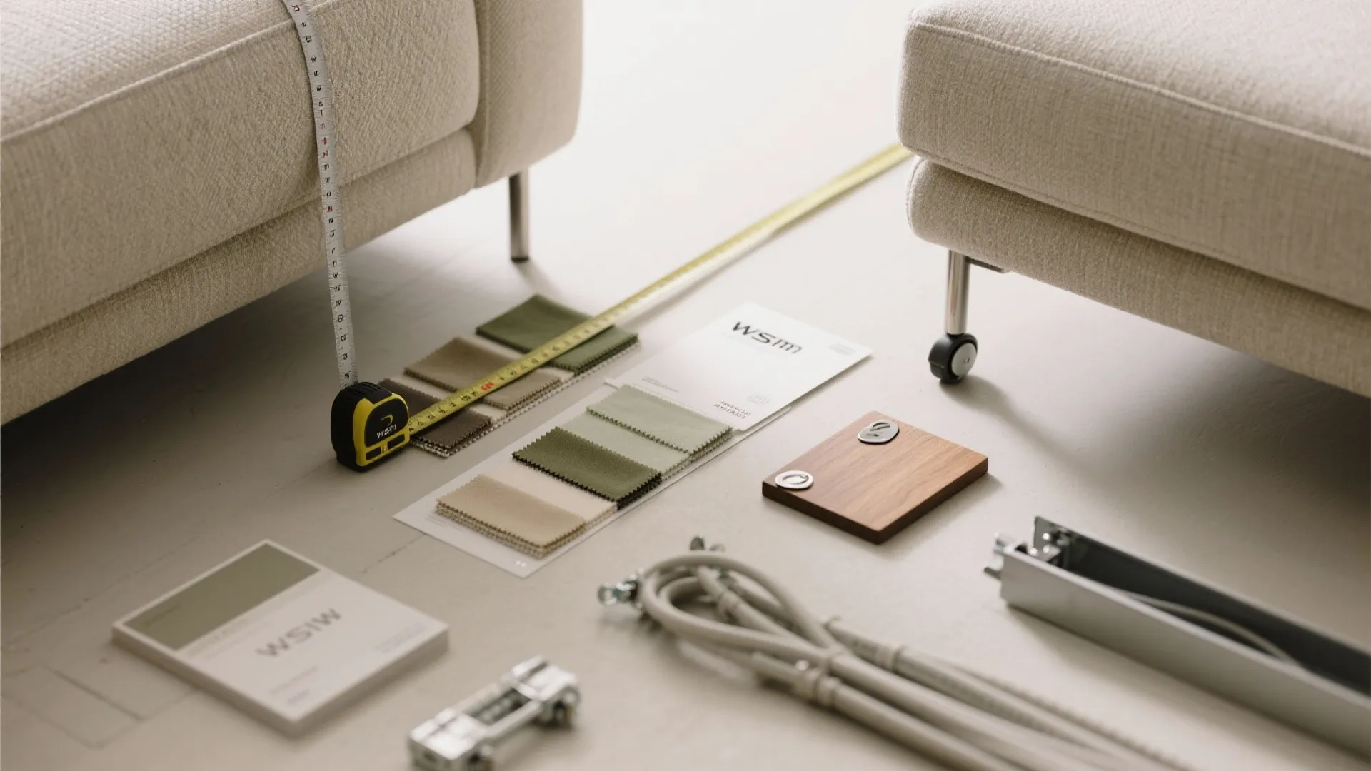 Flat lay of performance fabric swatches, tape measure, slim legs, casters, and neutral palette for small hall sofas.