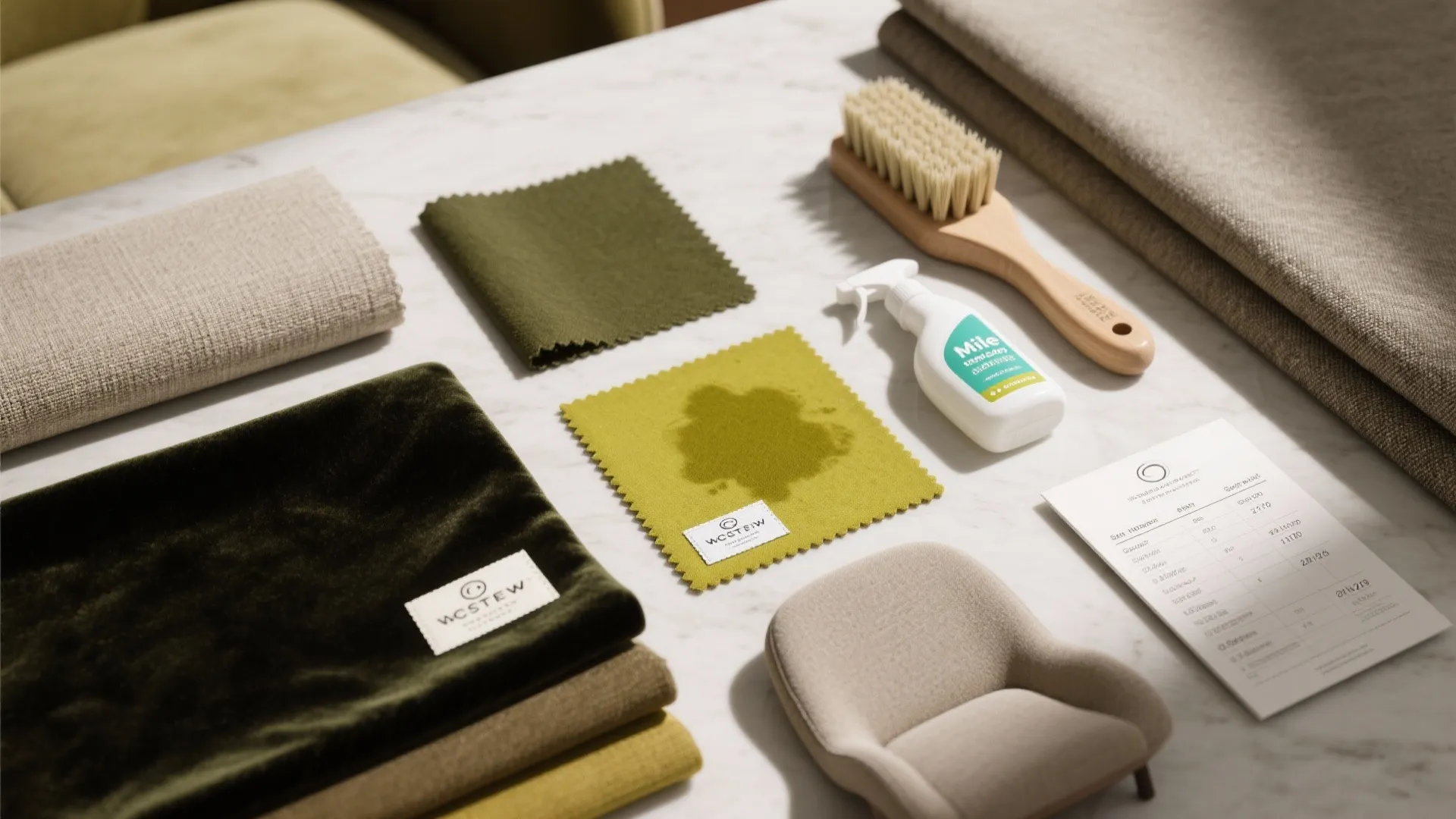 Flatlay of green fabric samples, stain-care items, and seat height guide