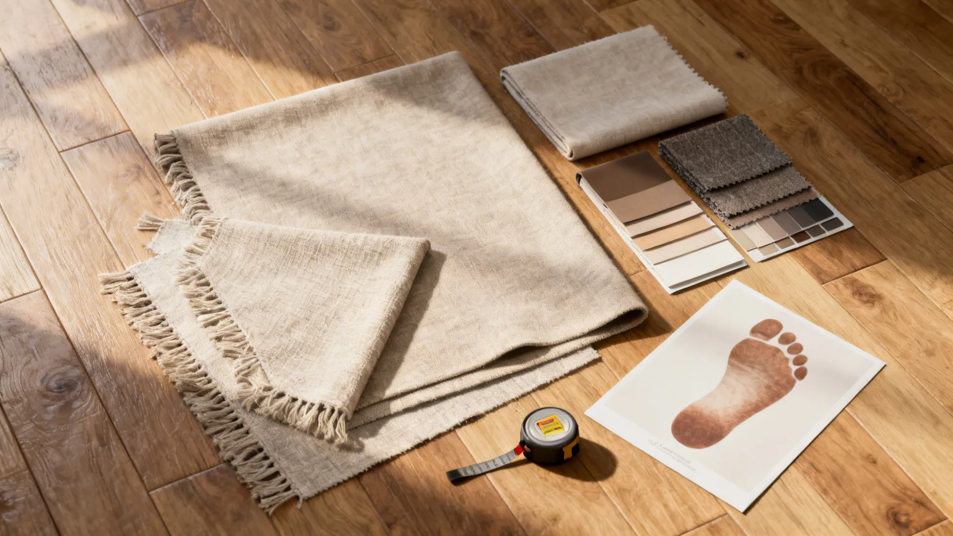 Flatlay of fabric swatches, color chips, measuring tape and footprint mockup for selecting swivel recliner materials and sizing