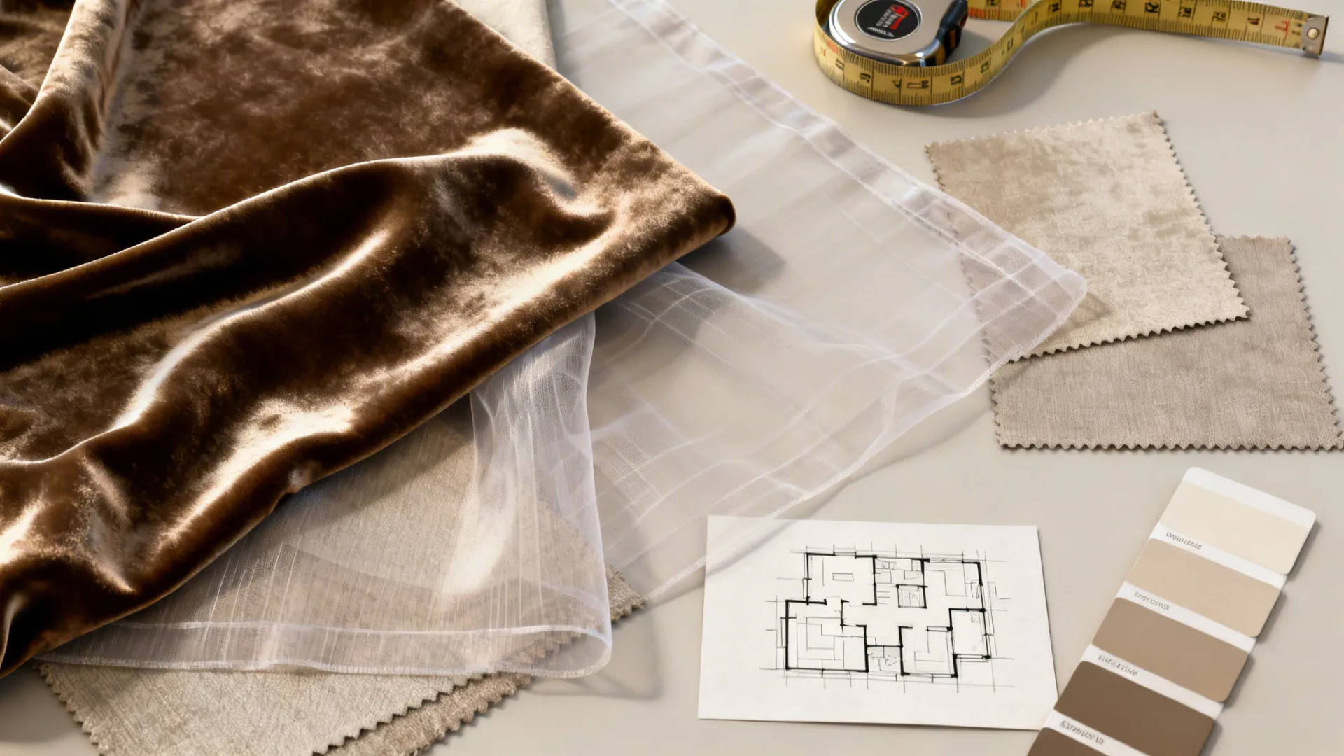 Brown velvet fabric samples with floor plan drawing and measuring tape for home interior design