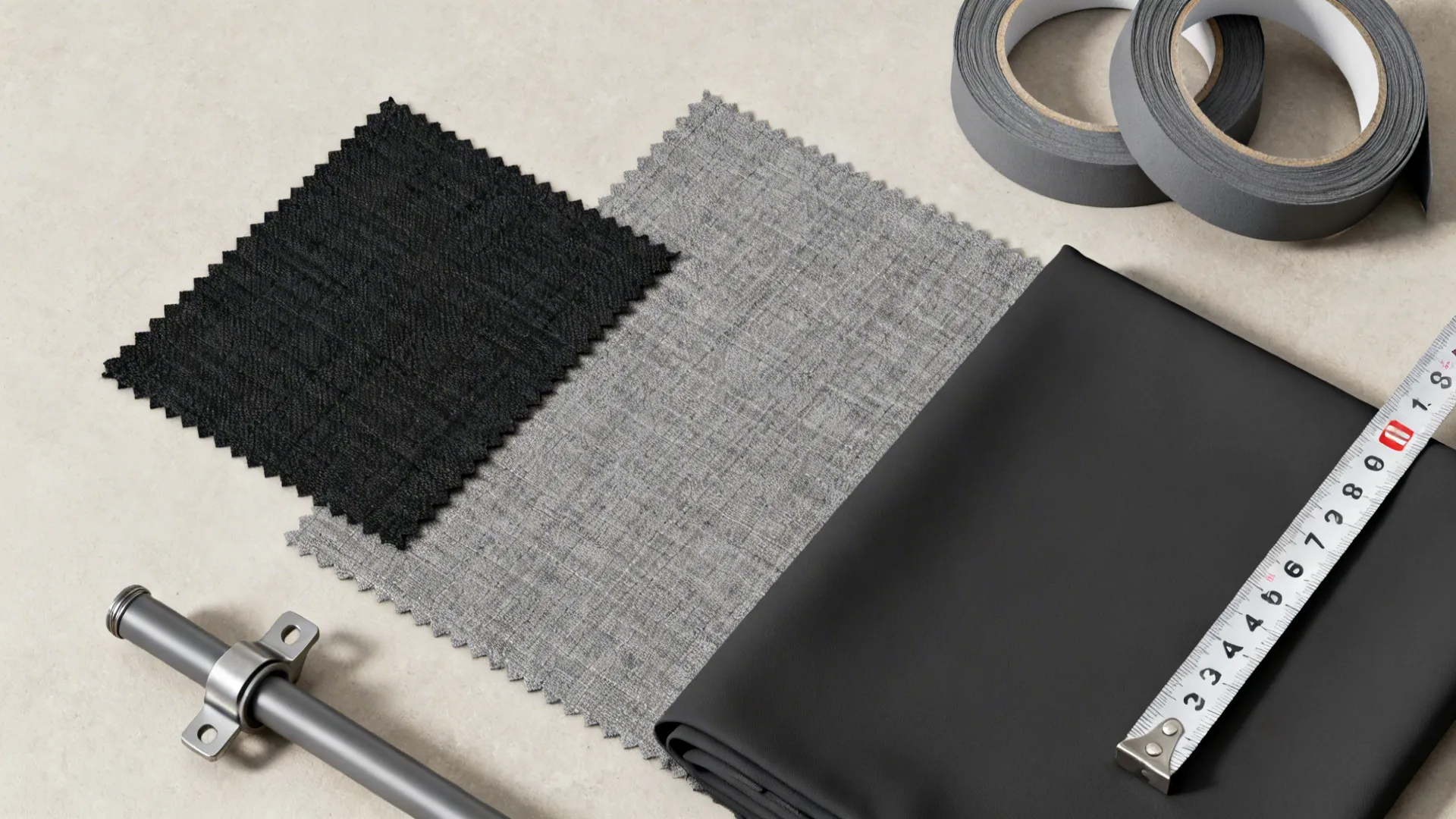 Fabric swatches in black and grey with measuring tape and curtain rod on light background