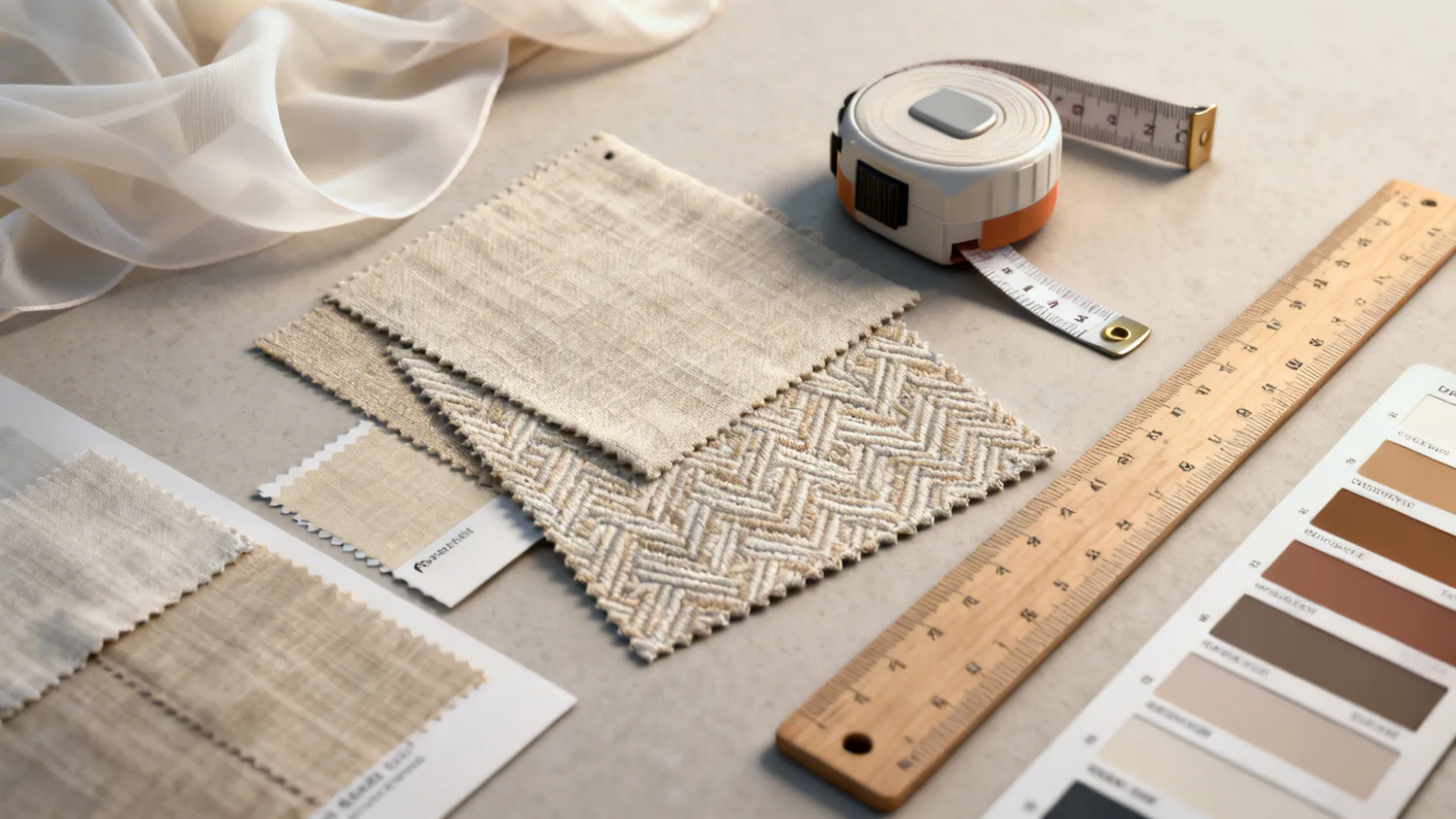 Flatlay of voile, linen and jacquard fabric swatches with measuring tape and color chips for curtain planning.