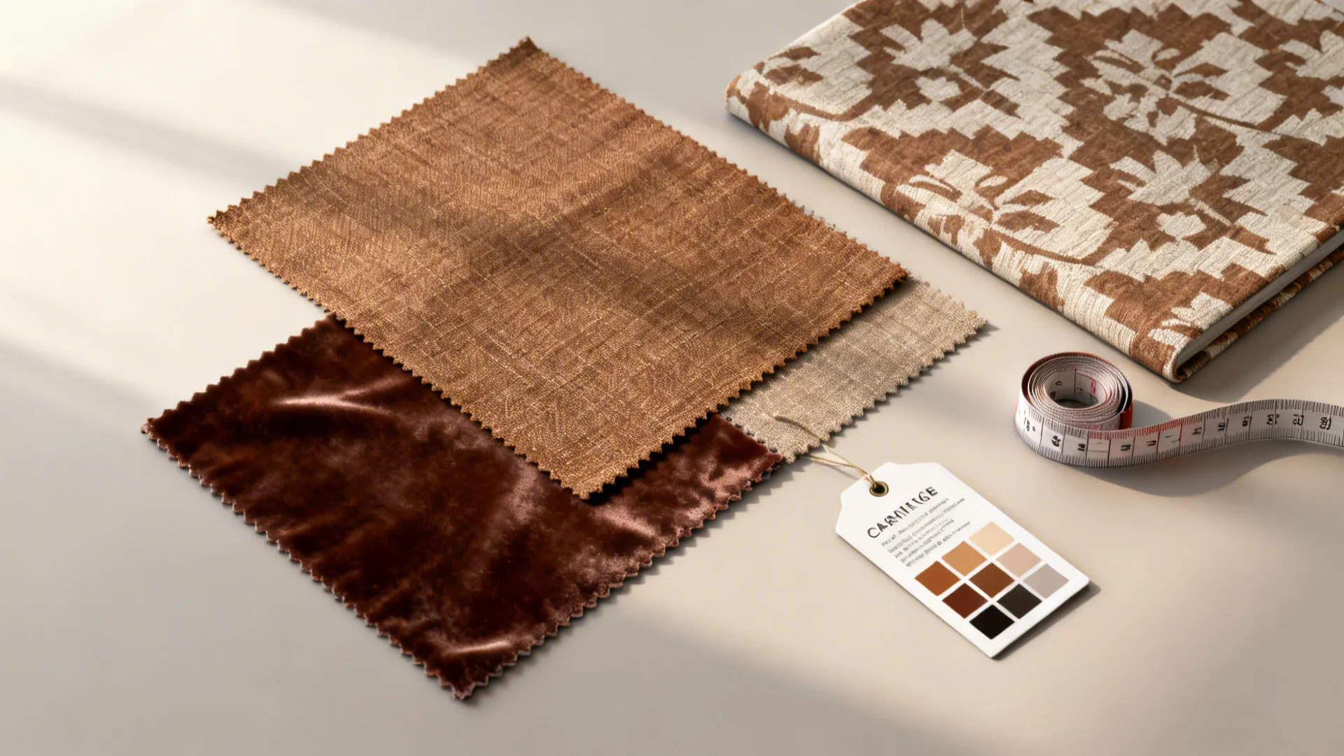 Flatlay of brown curtain fabric samples, measuring tape and color swatches for planning.