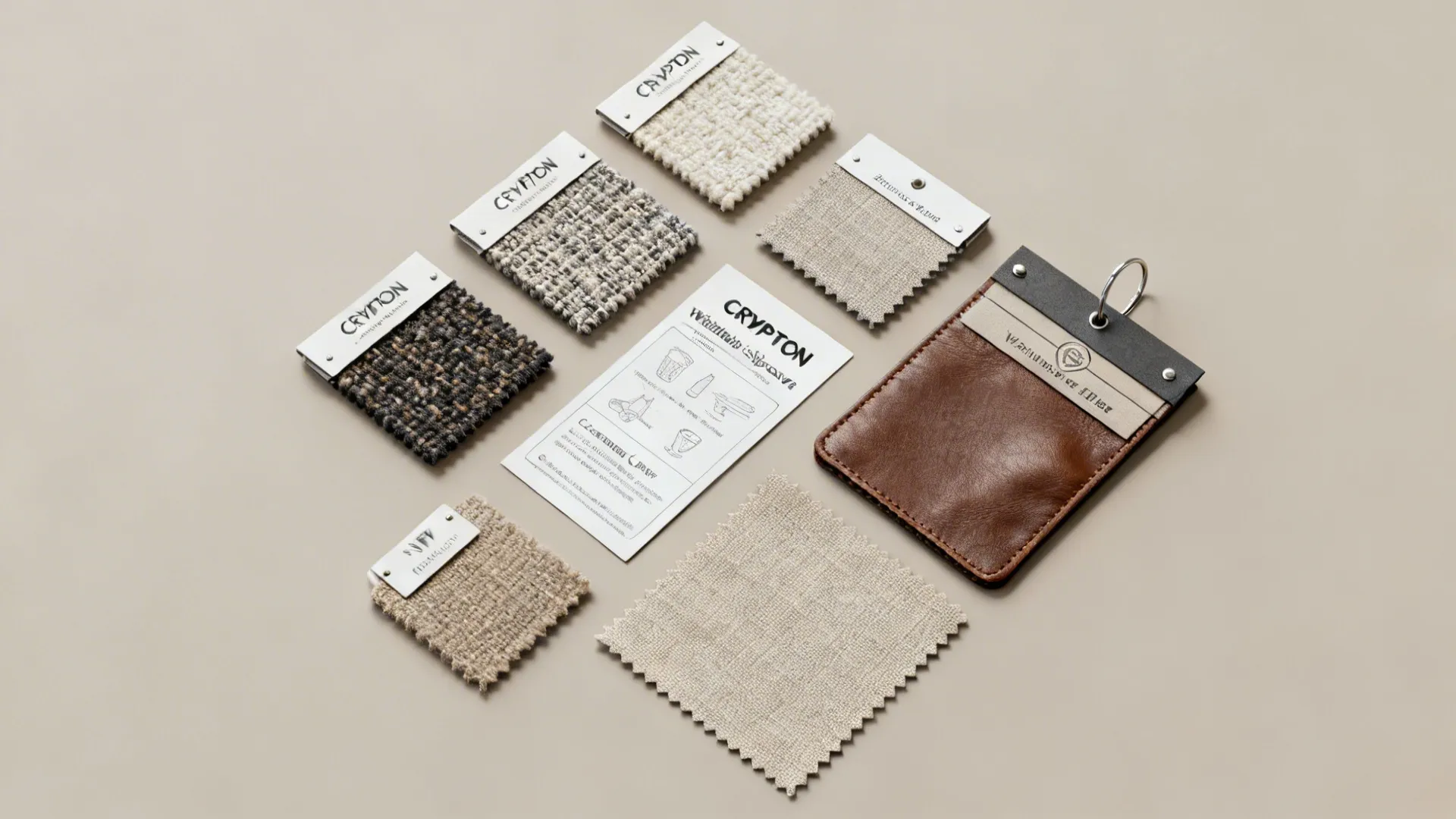 Fabric swatches and care tags for stain-resistant and washable sofa materials