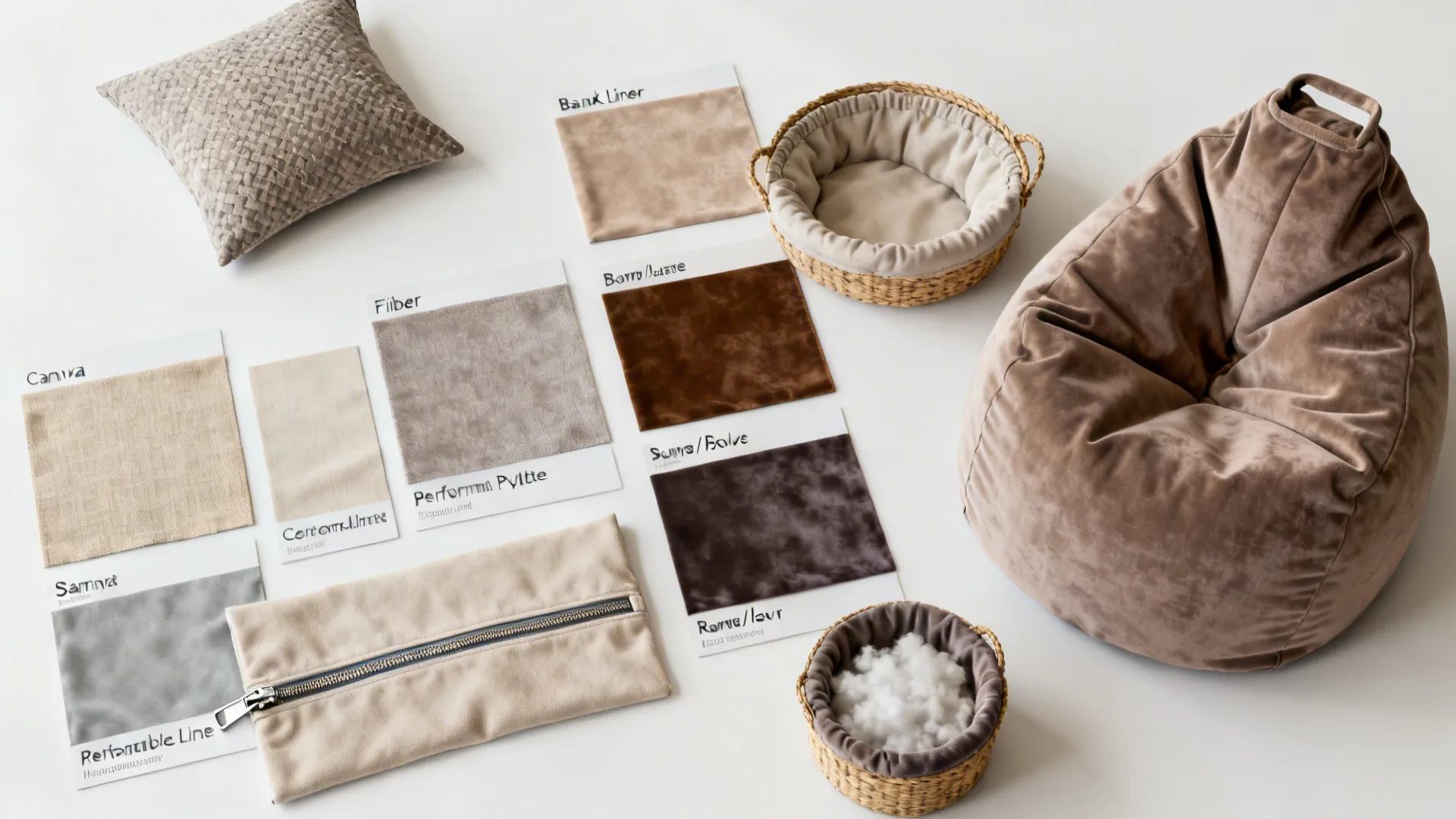 Flatlay of bean bag fabric swatches, removable liners, zippers, and lumbar pillow