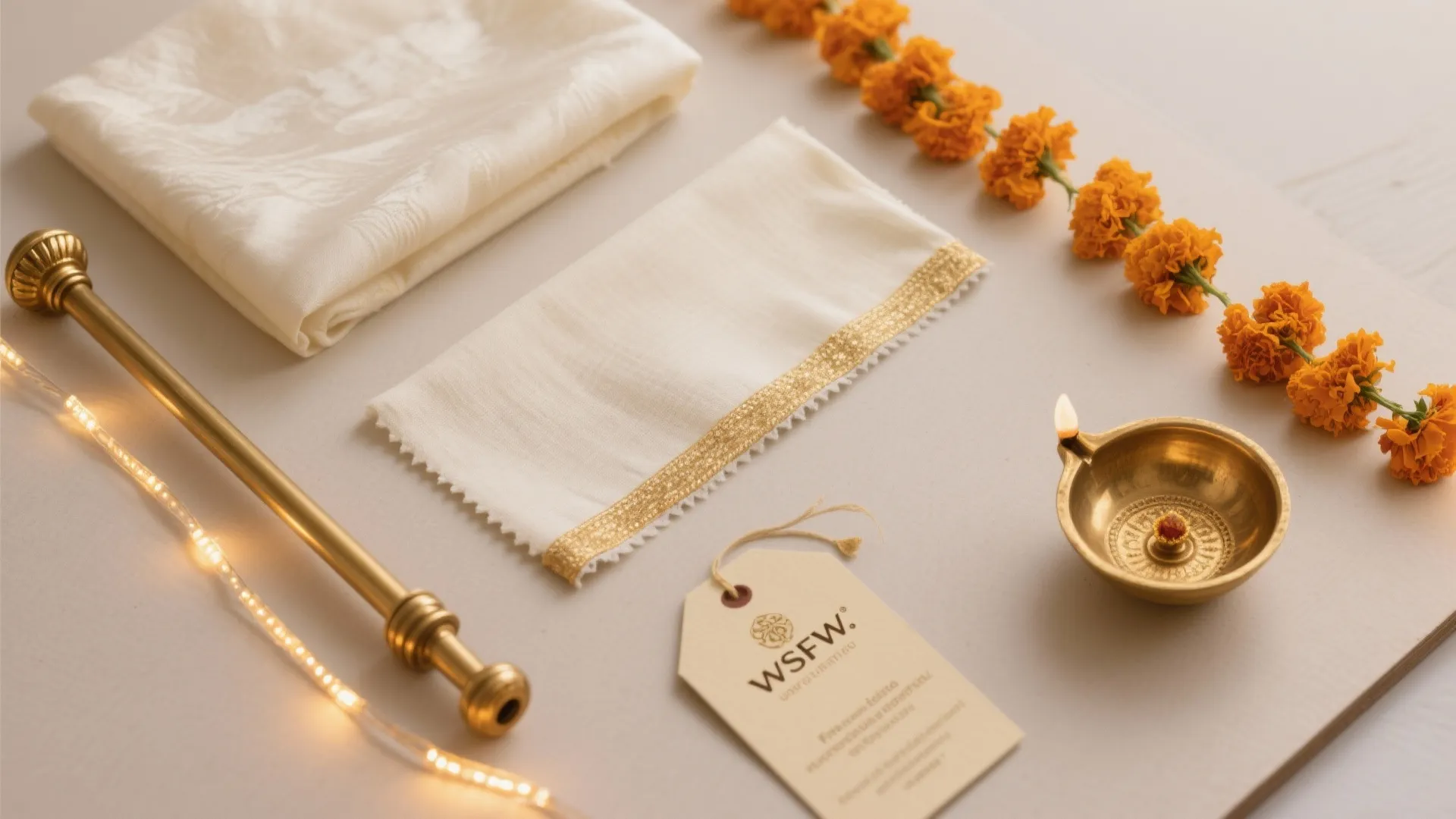 Flat lay of white fabric with gold trim orange flower garland and small gold candle