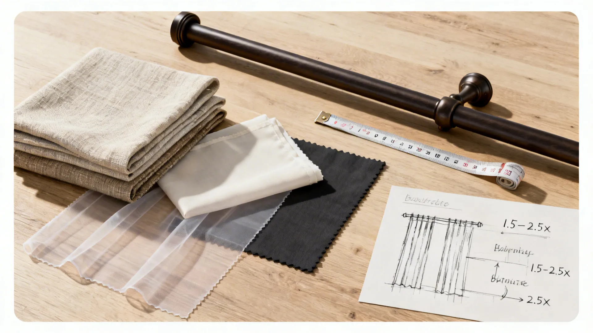 Various fabric samples on wooden table with metal curtain rod measuring tape and design sketch
