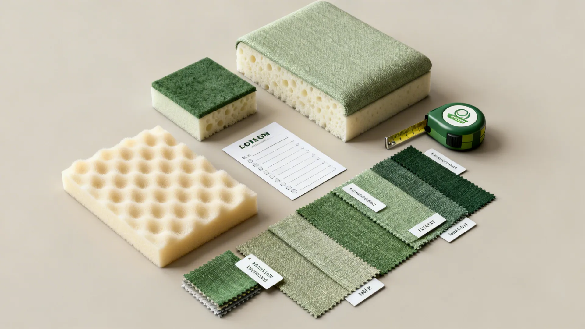 Flatlay of fabric swatches, foam samples and a checklist for choosing a chair