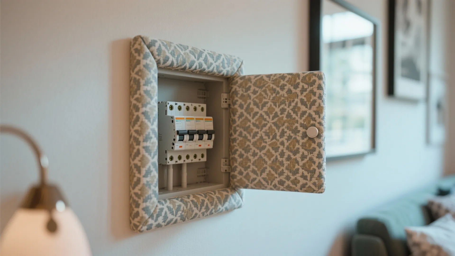 Patterned fabric-wrapped frame hiding a fuse box