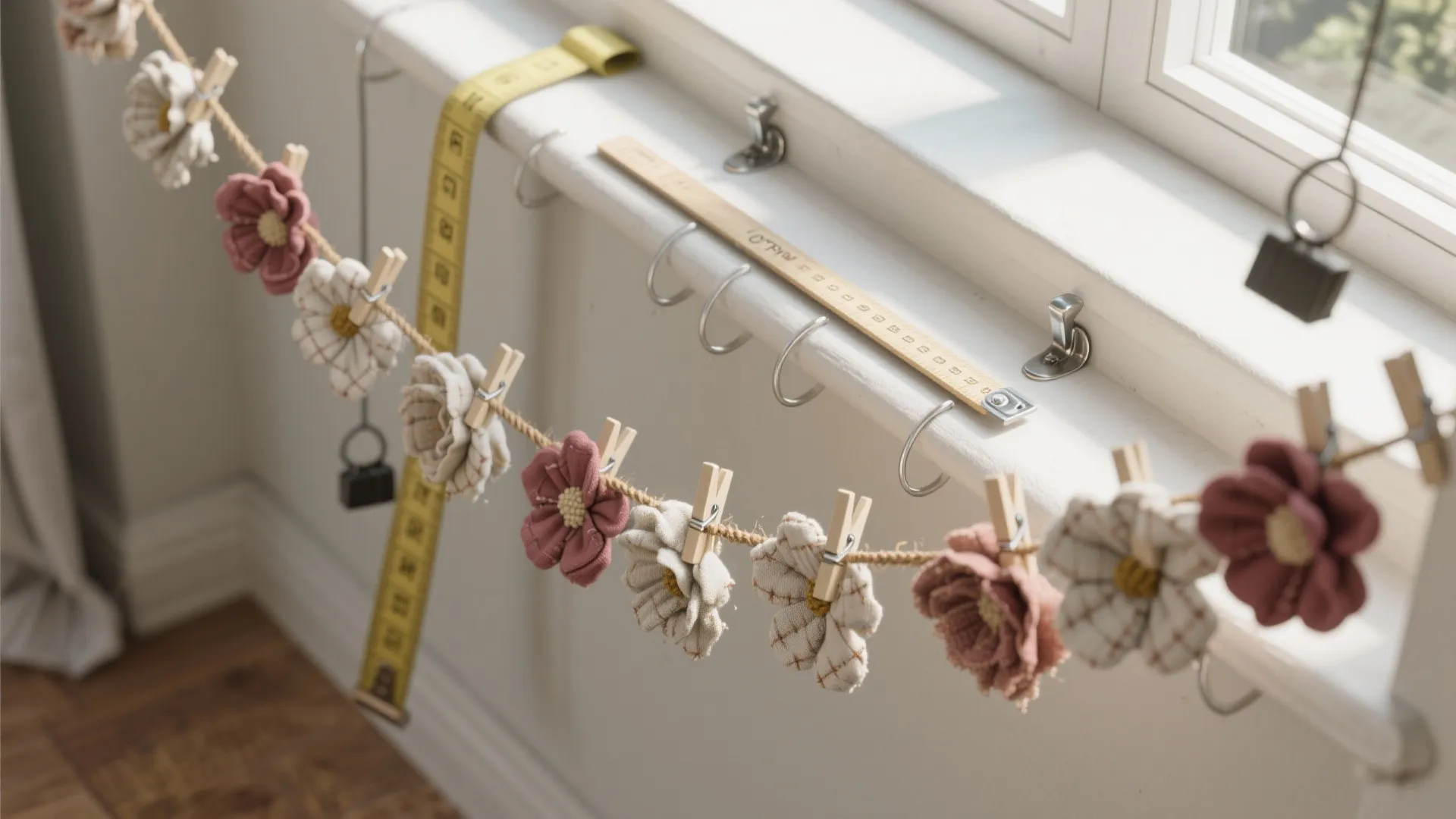 Fabric flower garland hanging with wooden clips next to a yellow measuring tape and window
