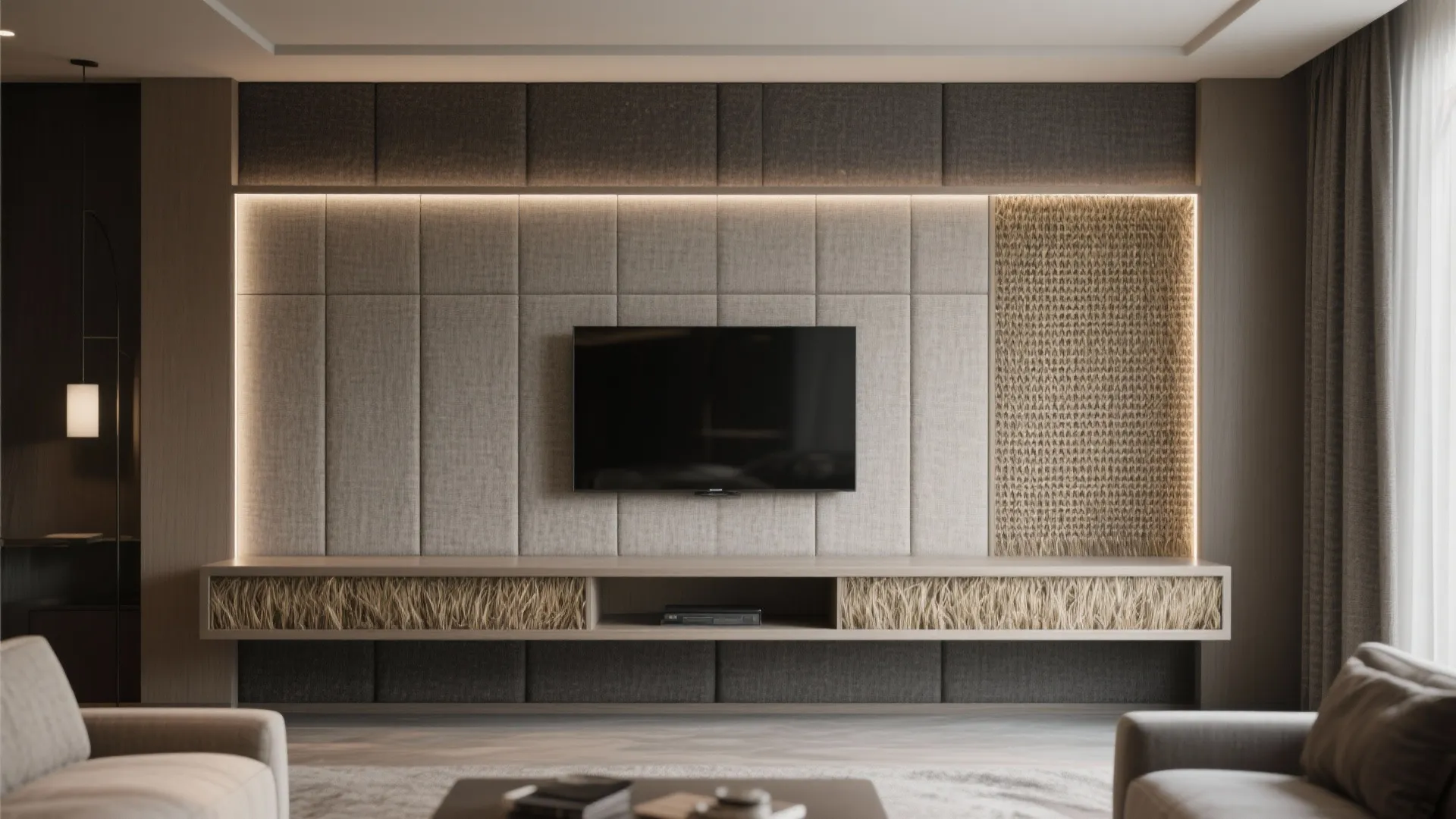 Living room with grey sofa fabric wall panels television light fixture and neutral color interior design