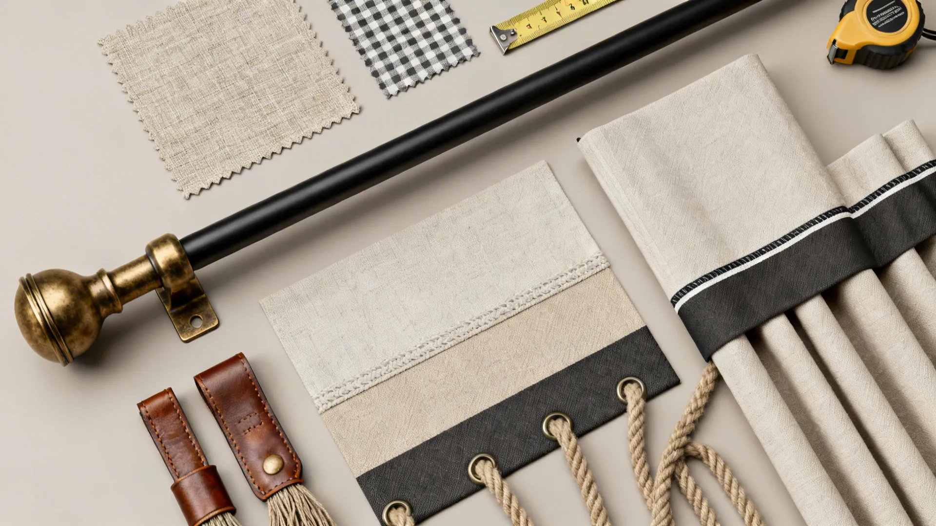 Flatlay of curtain fabric swatches, tieback samples, and rod finishes for modern farmhouse styling.