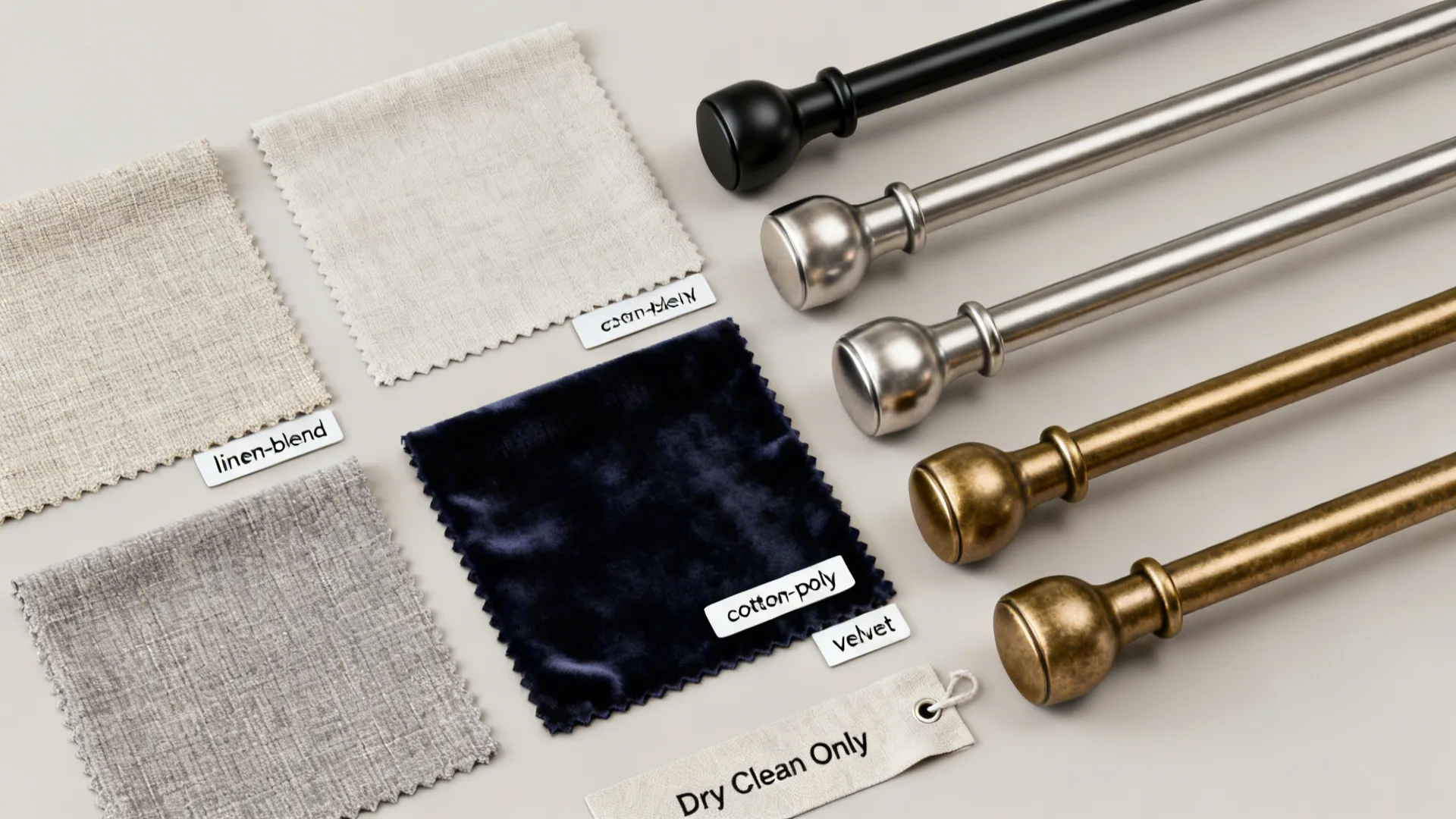 Fabric material samples and metal curtain rods in various colors including black silver and gold finish