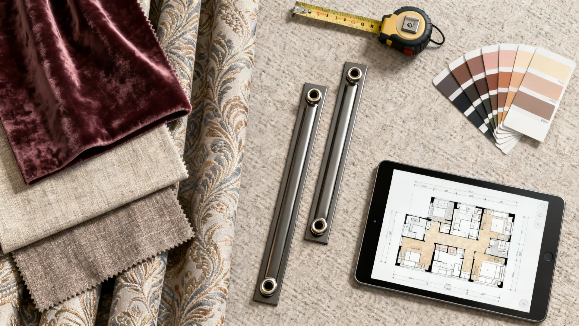 Flatlay of curtain fabric swatches, slim metal hardware samples and a tablet with a room planner mockup