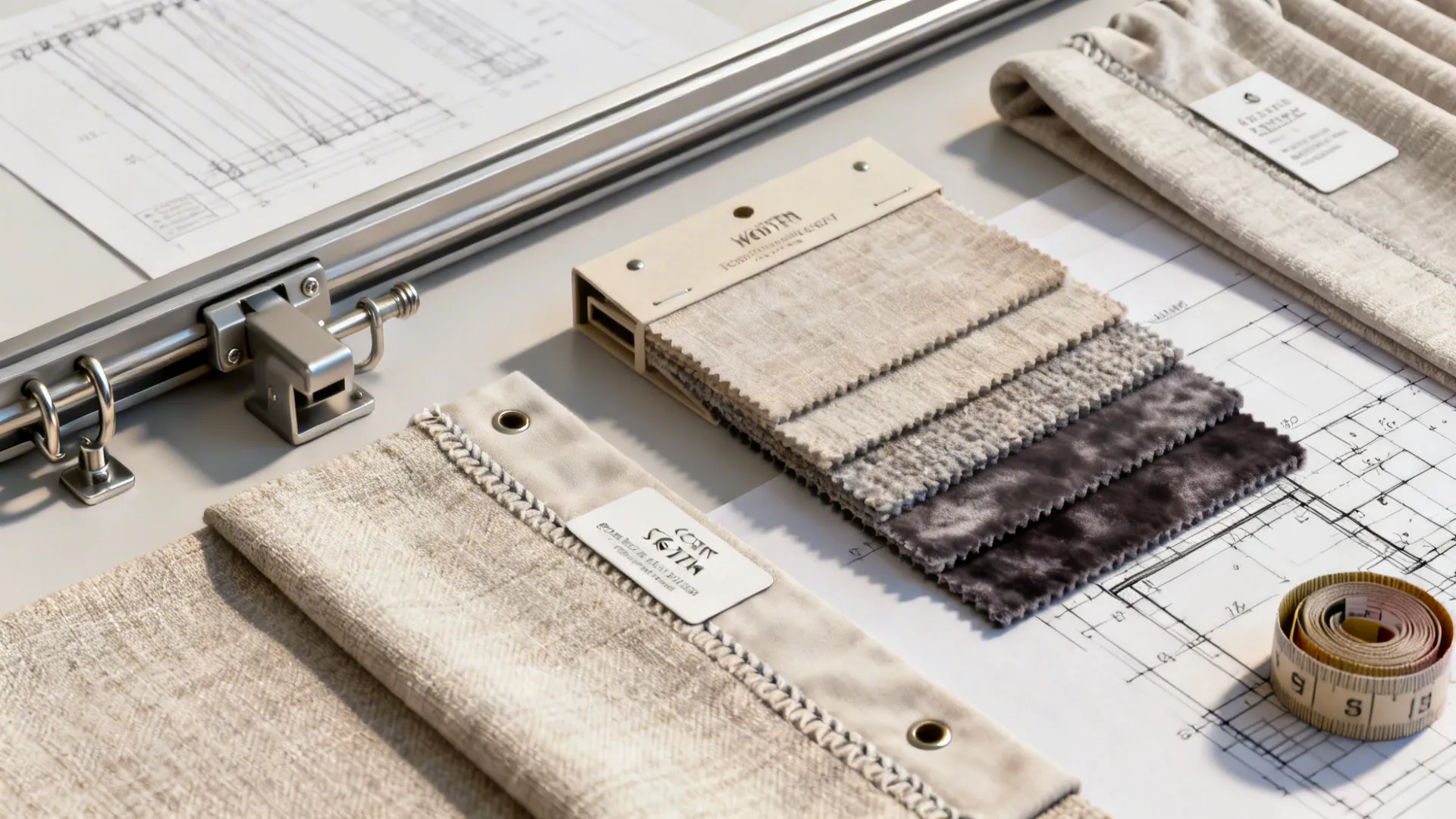 Collection of fabric swatches and curtain hardware pieces placed on top of interior design drawings