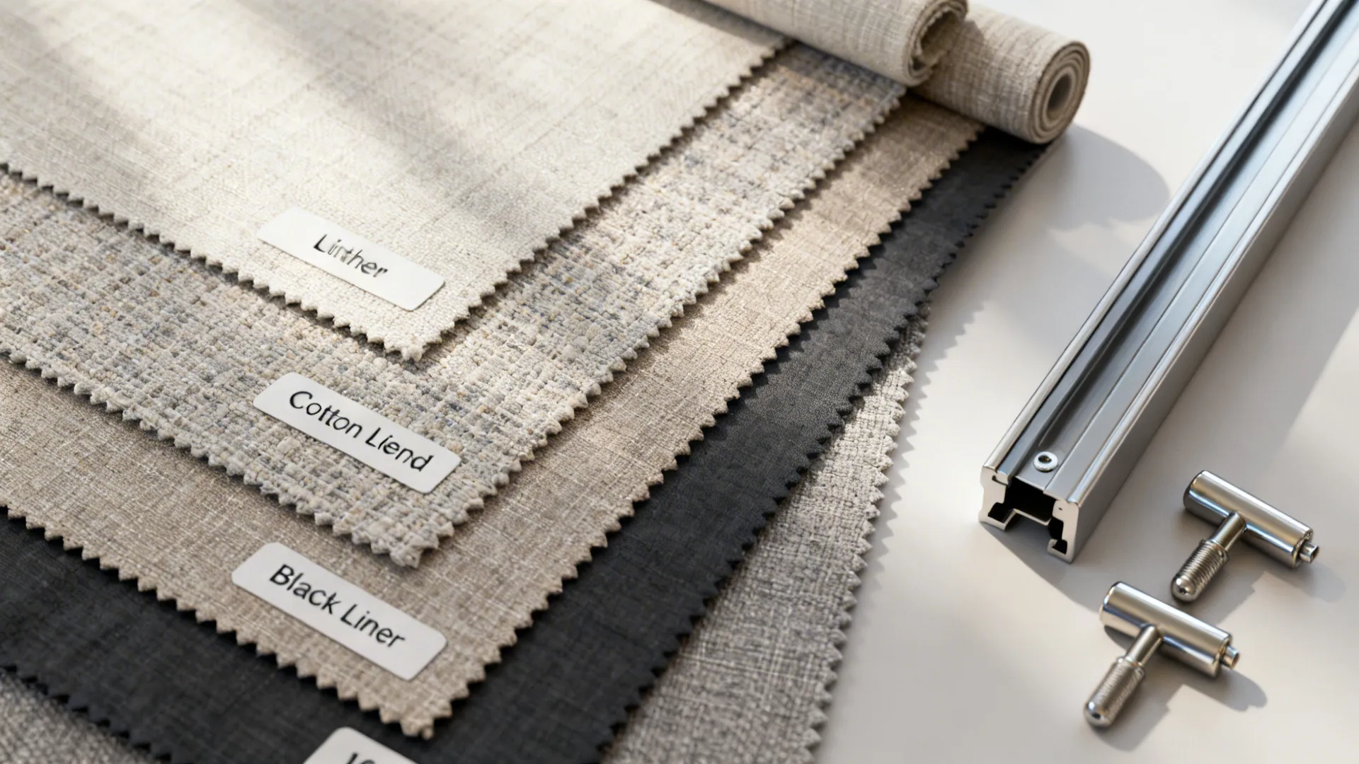 Fabric swatches and hardware samples for curtain and shade options laid out on a table