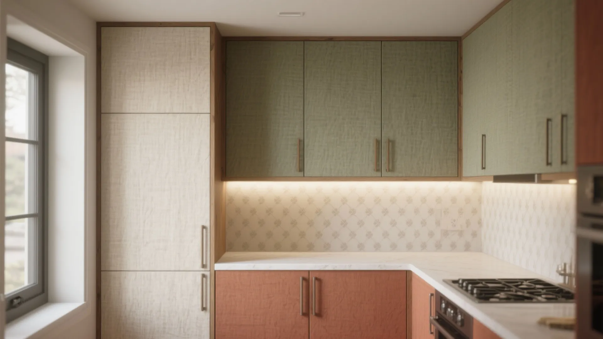 Modern kitchen with green and orange cabinets white countertop pattern wall tiles and natural light