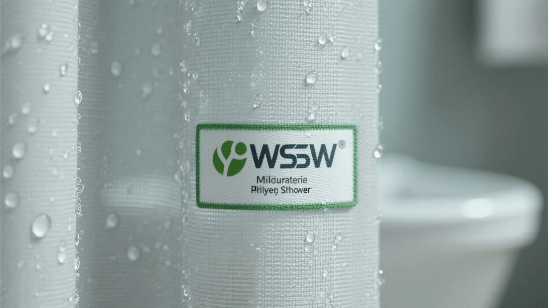 Close-up of mildew-resistant polyester shower curtain fabric with visible texture and water beading
