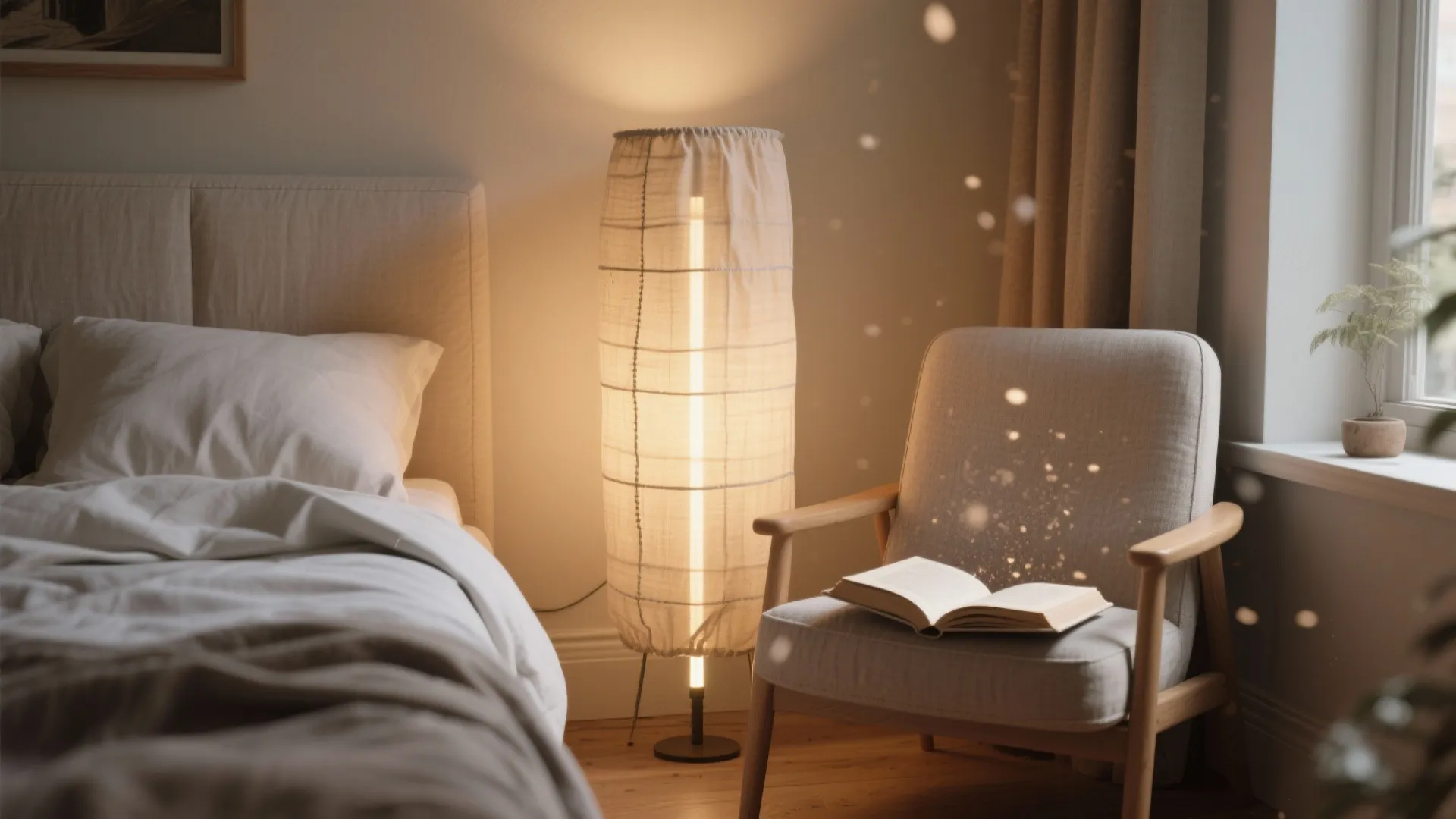 Cozy bedroom with a tall fabric floor lamp next to a grey chair and bed