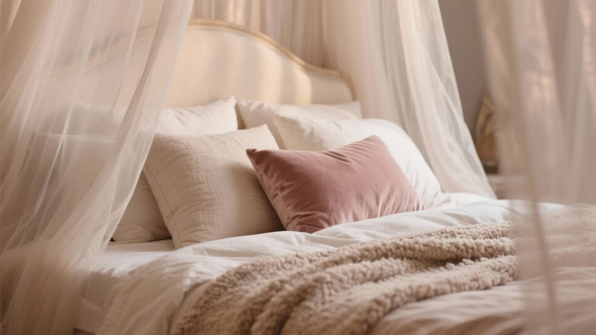 Close up of bed with white pillows pink pillow knit blanket and sheer white canopy