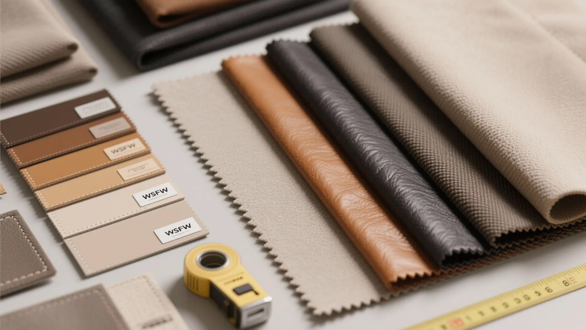Various fabric and leather material samples in brown and beige colors with a yellow tape