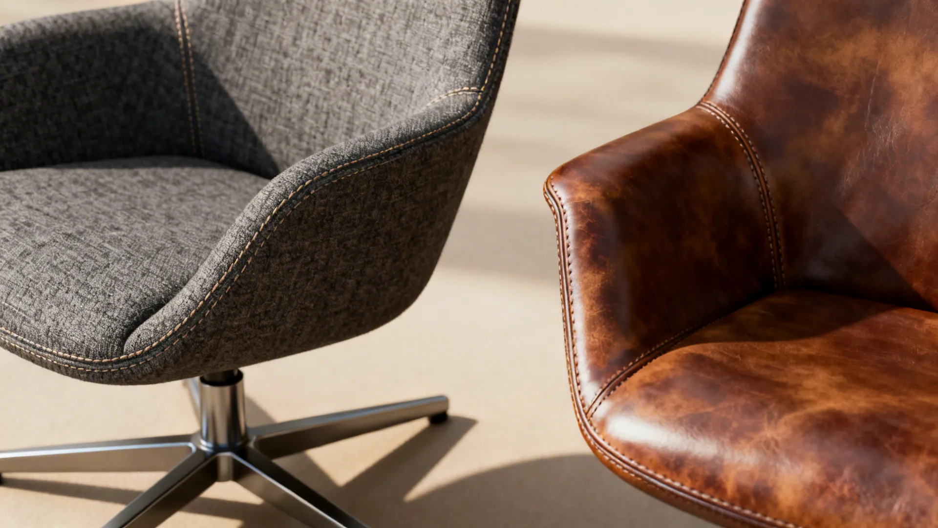 Close-up of high-back swivel chair upholstery options and a compact metal swivel base showing textures and stitching.