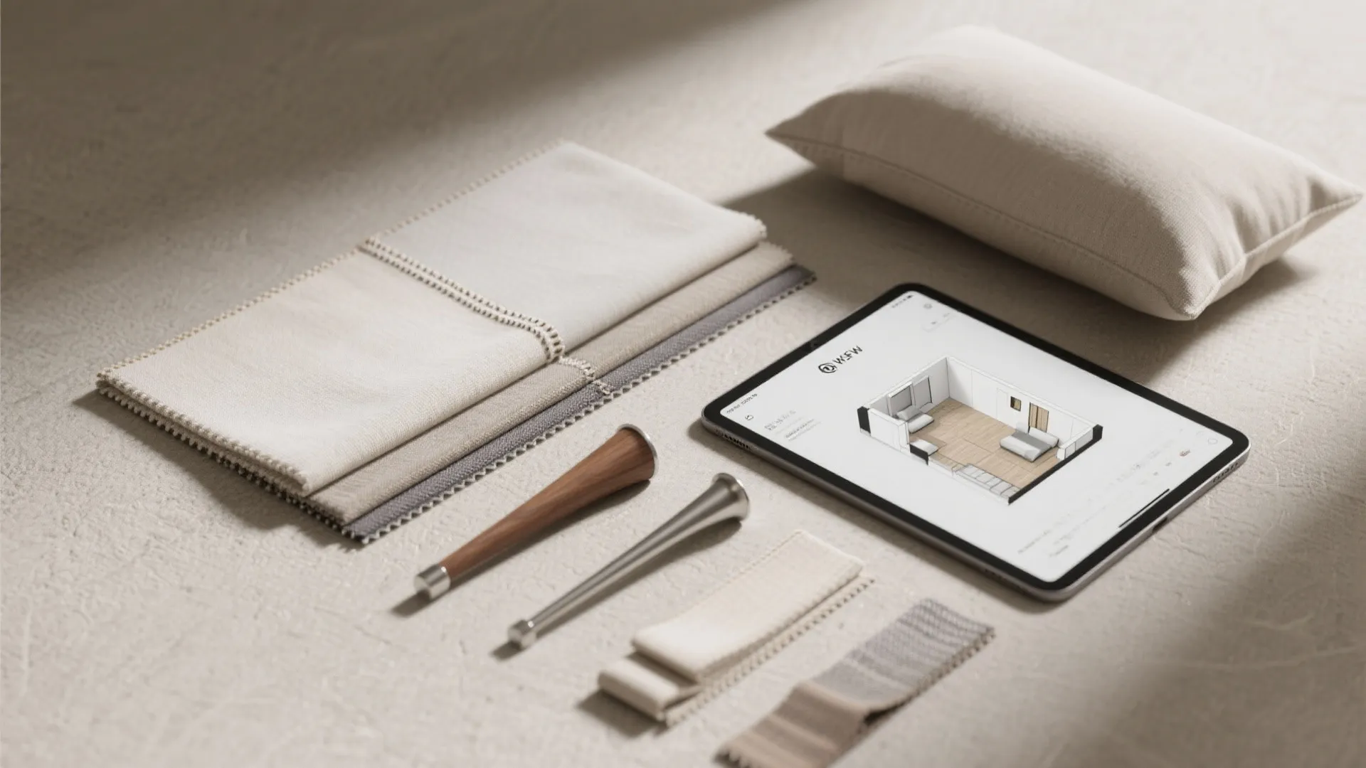 Interior design drawing on tablet surrounded by fabric samples furniture legs and a small pillow