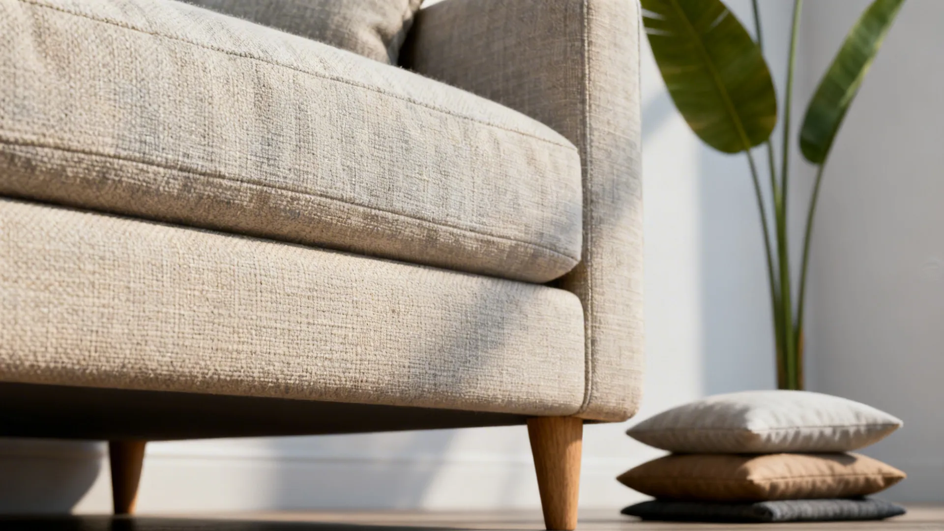 Close-up of light mid-tone upholstery fabric, visible sofa legs, and cushions with a plant accent.