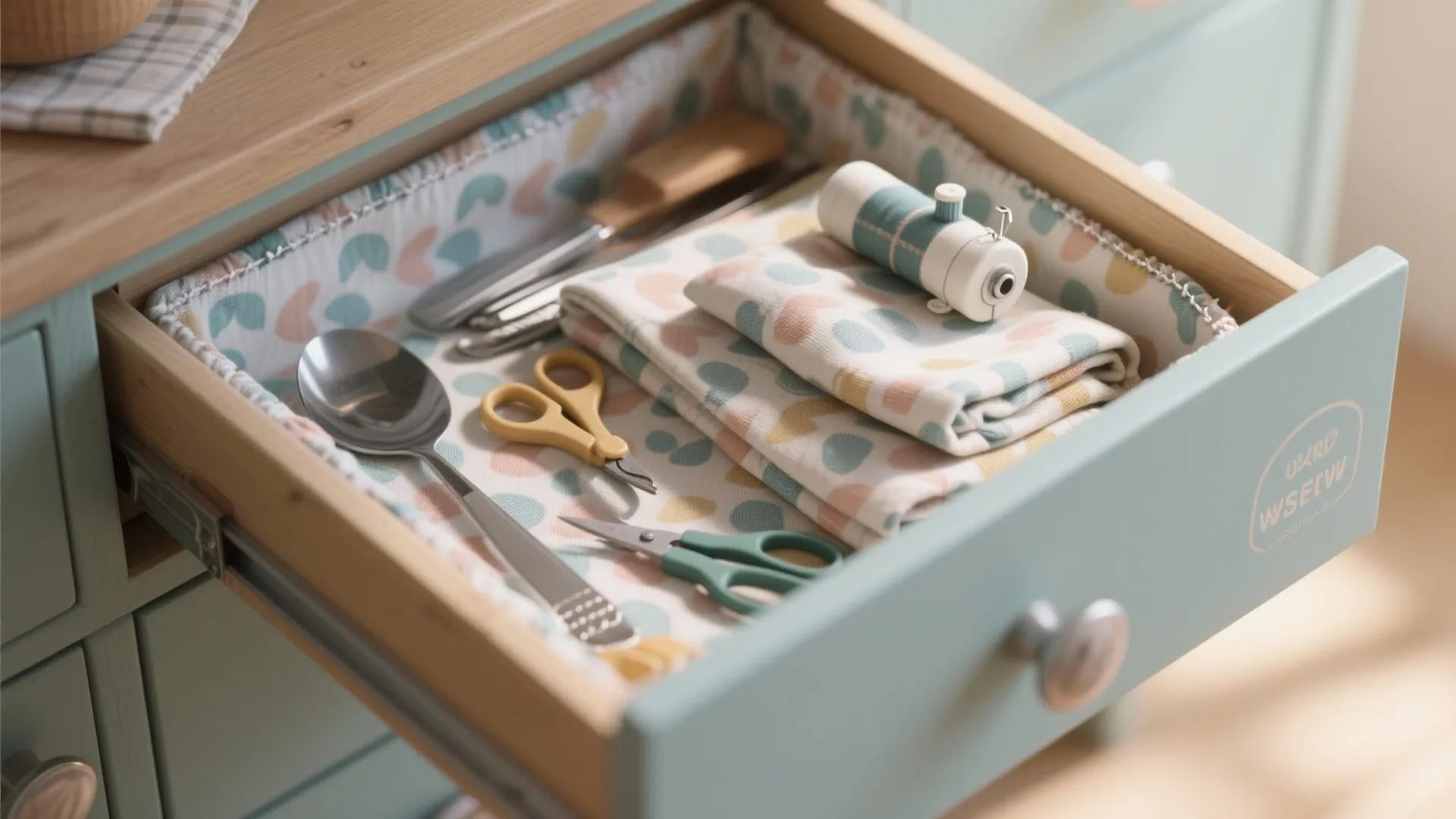 Open light blue cabinet drawer with colorful pattern fabric liner holding spoon scissors and cloth