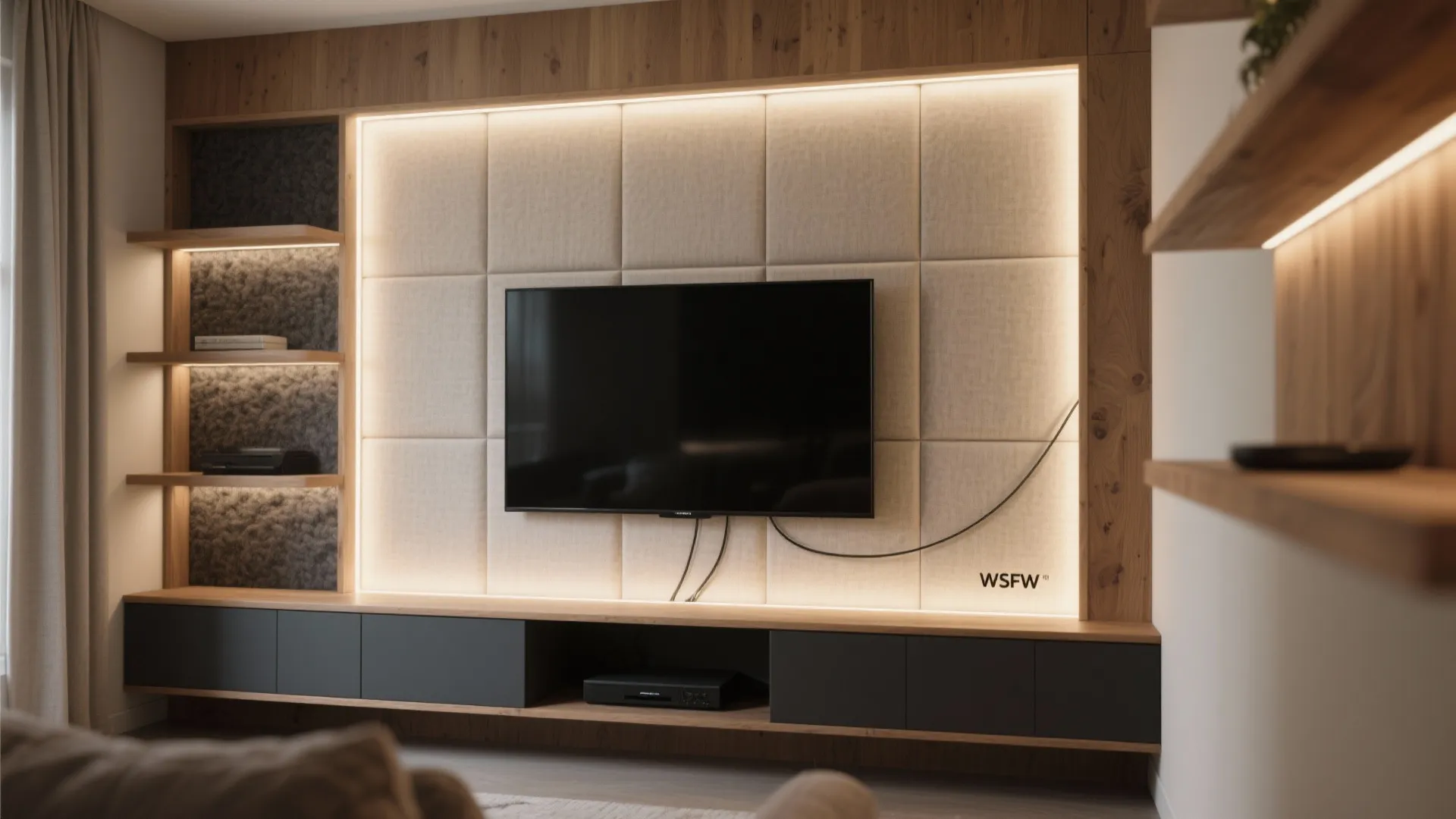 Media wall with fabric-wrapped acoustic panels and soft perimeter LED lighting.