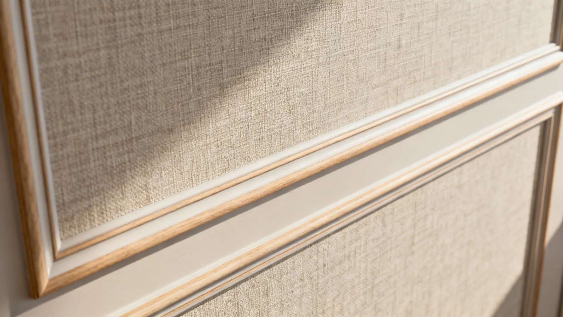 Layered linen-look peel-and-stick decals with slim molding creating textured paneling.
