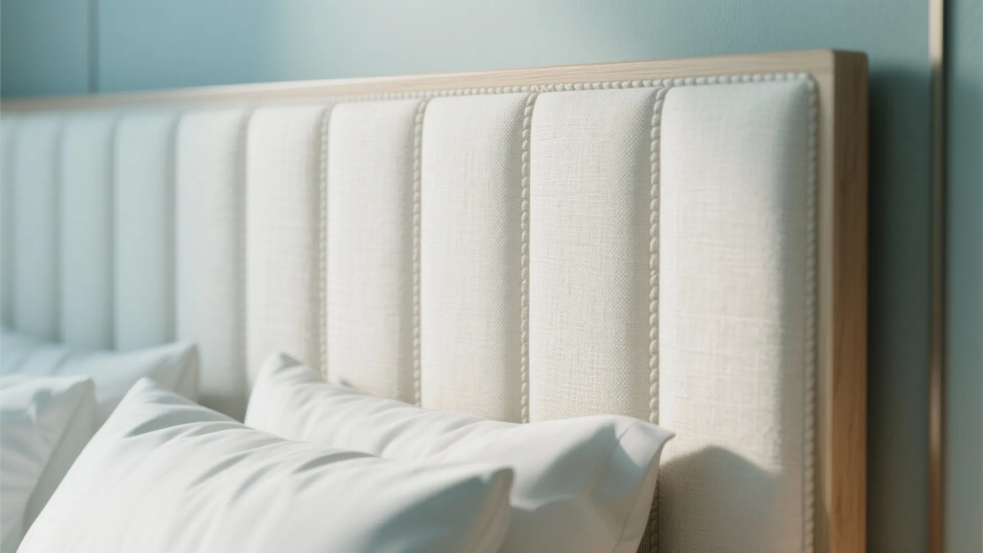 Close up of a cream white fabric bed headboard with vertical lines and soft pillows