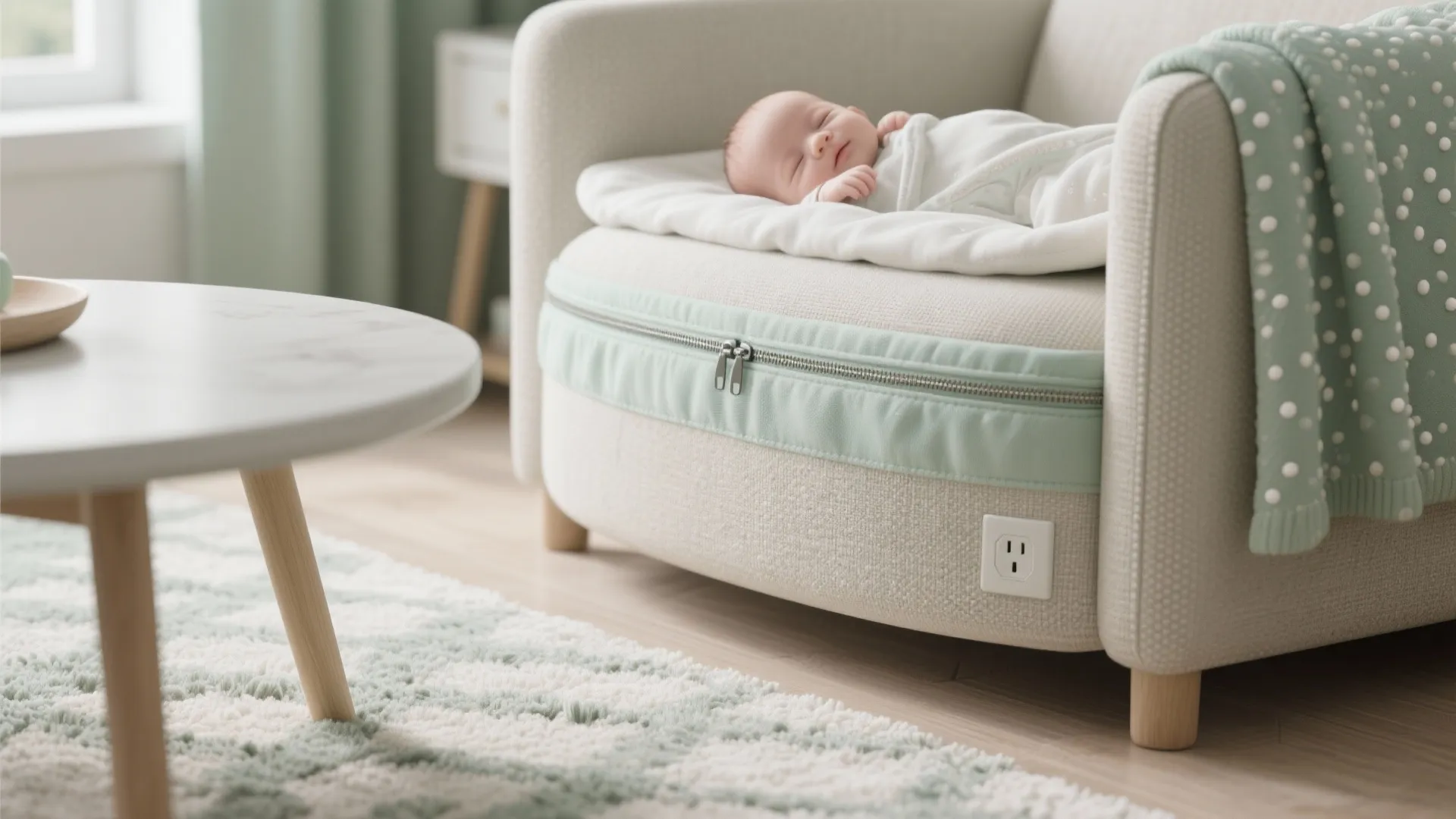 4) Newborn-friendly living room layout and materials