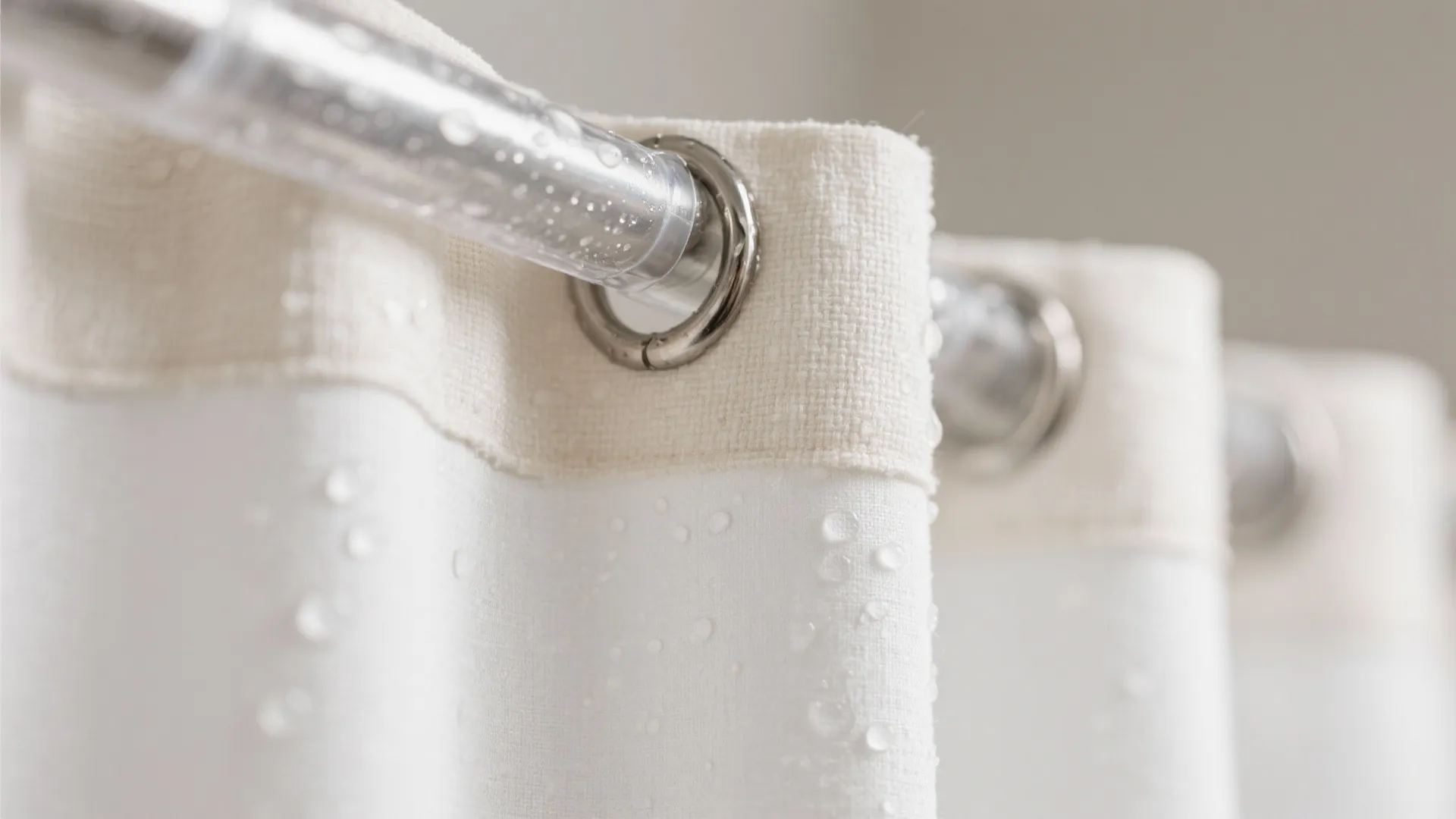 Macro of moisture-resistant faux-linen curtain with water beading, a PEVA liner edge, and a stainless rust-proof ring.