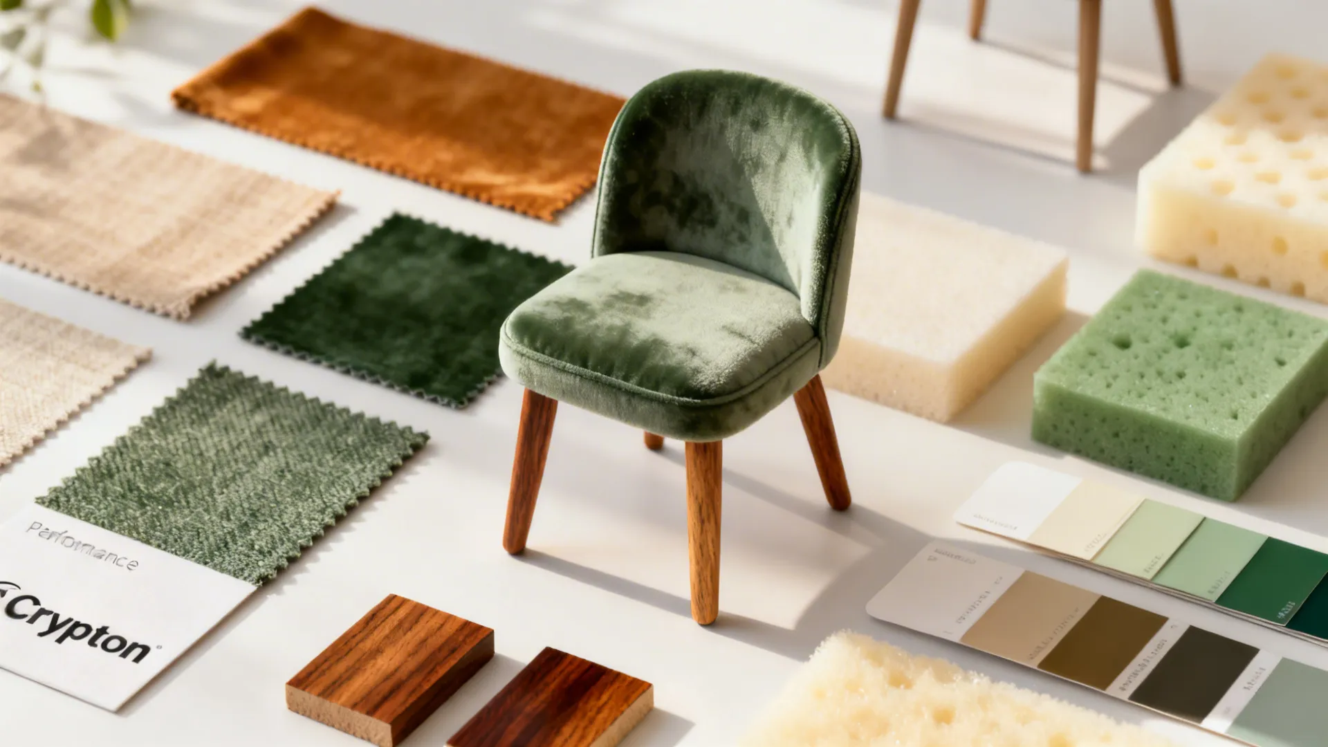 Flatlay of performance velvet and Crypton fabric samples, wood finishes, and color chips.