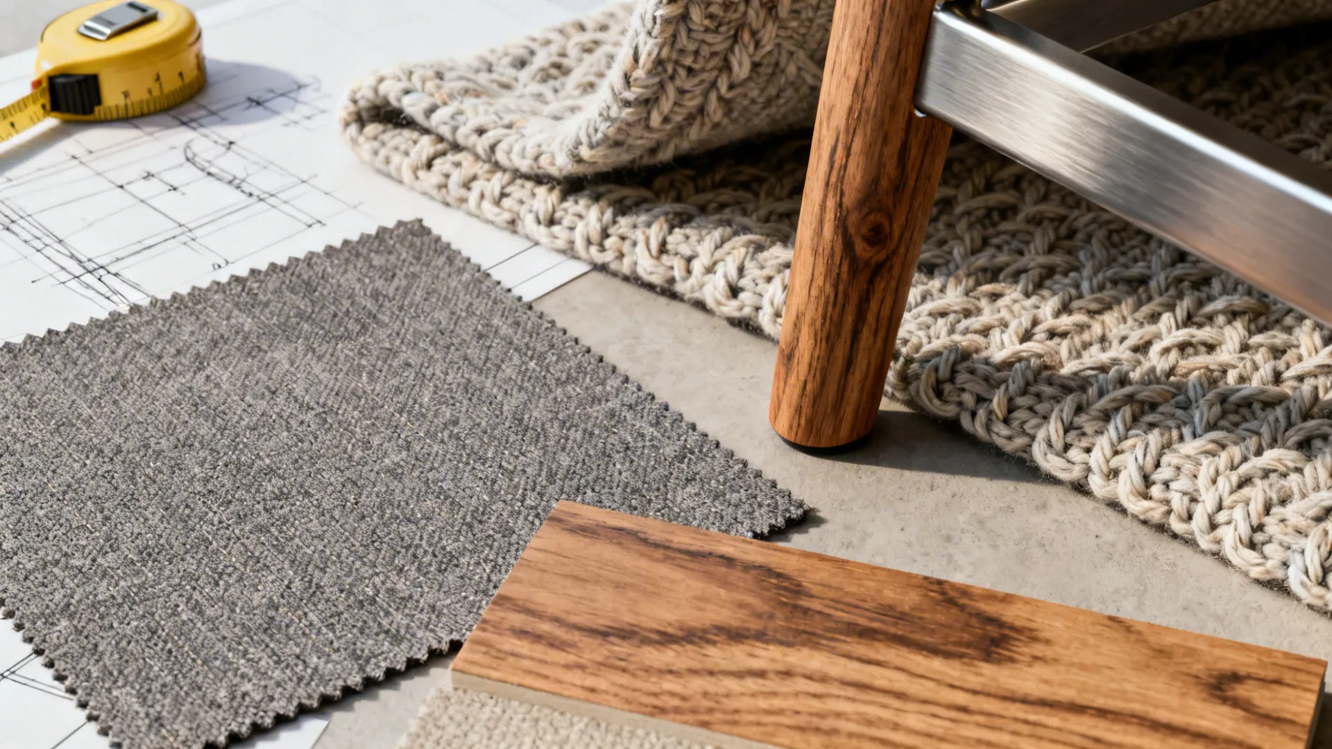 Material samples including performance fabric, wood leg and metal frame for chair selection