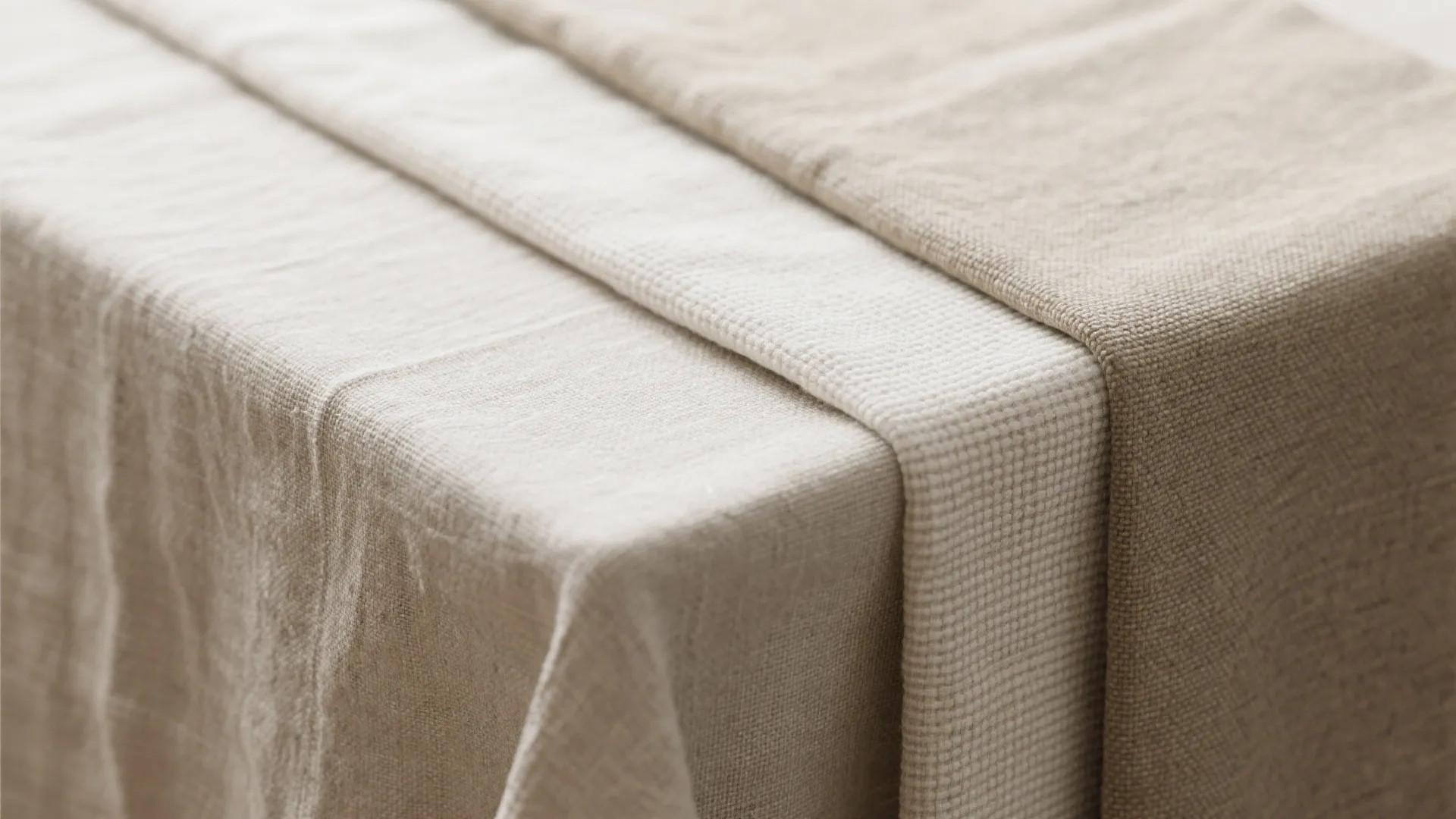 Close up of various textured beige and cream fabrics draped over the corner of table