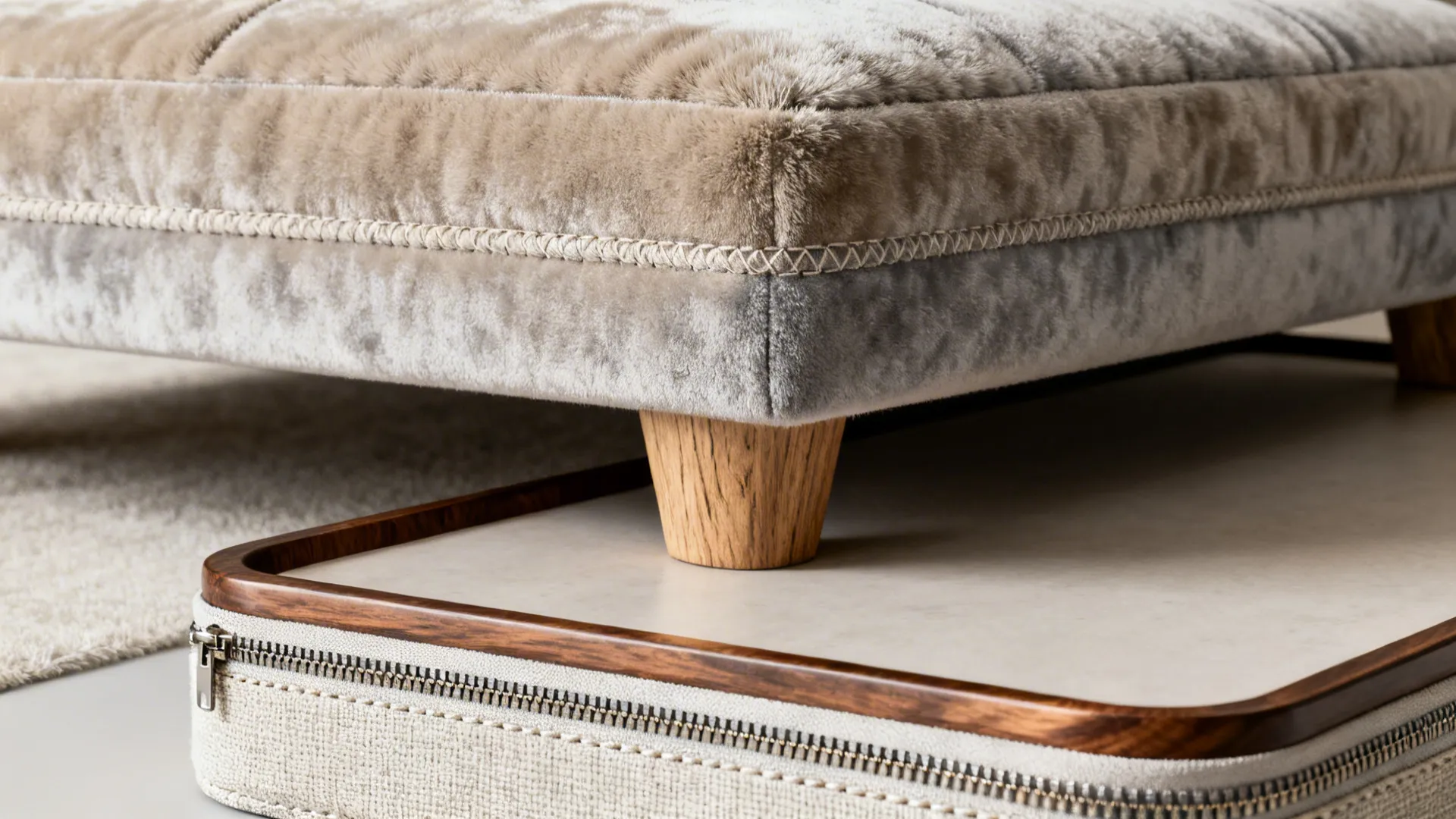 Close-up of velvet and performance fabric textures, wood leg and ottoman tray detail