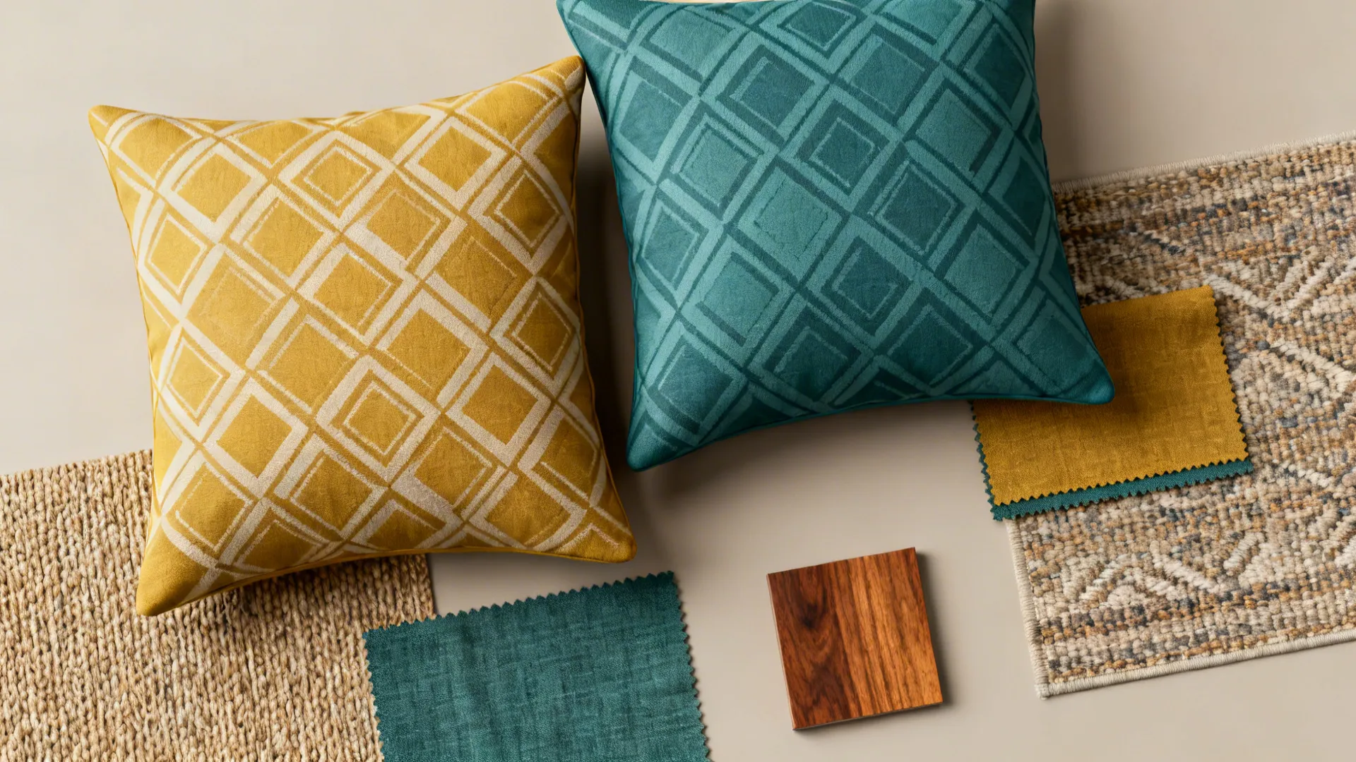 Interior design flat lay with patterned pillows fabric swatches wood sample and rug on plain background