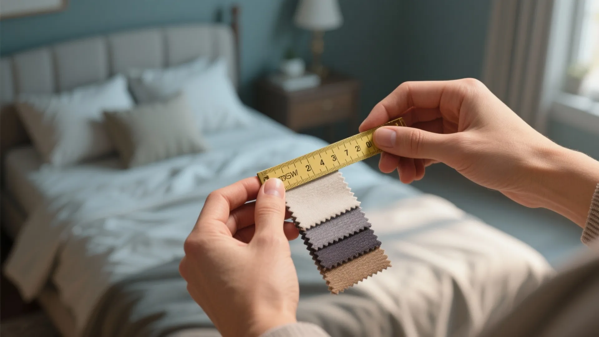 Hands holding fabric swatch and tape measure over a bedroom photo for fit and color checks