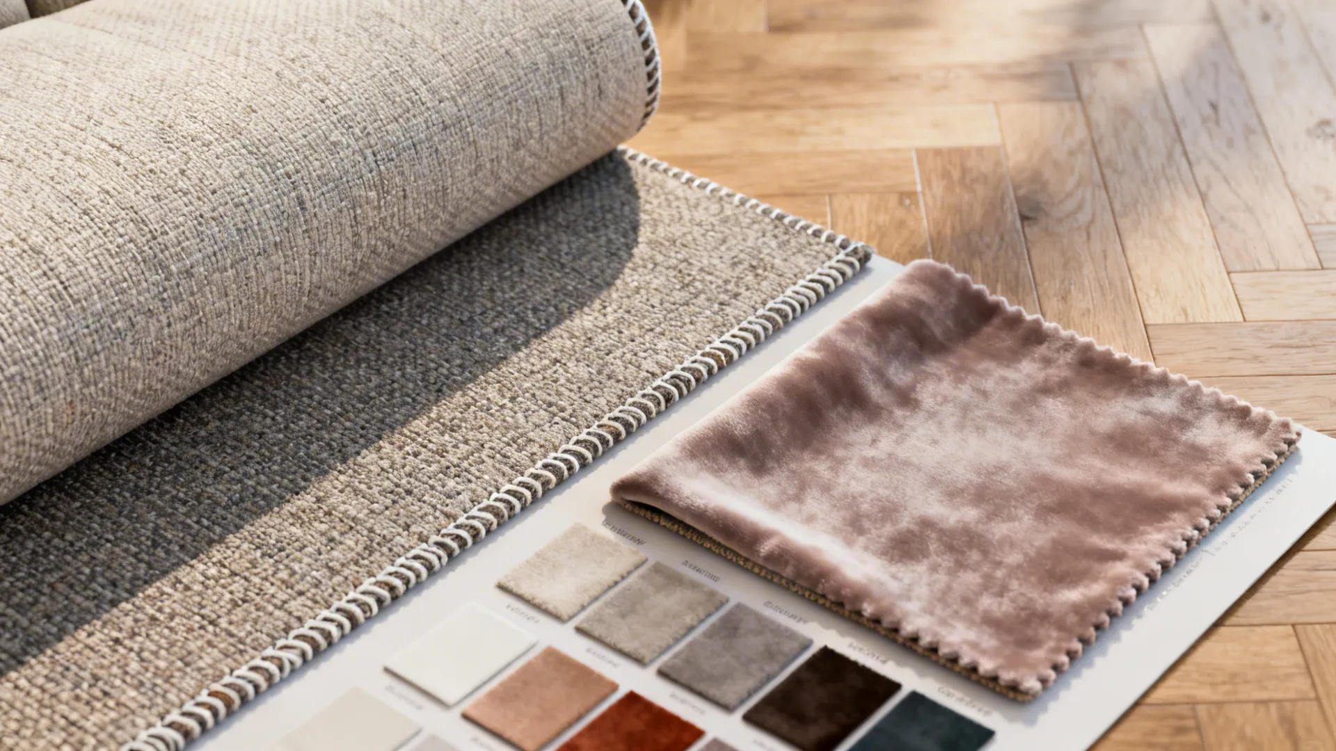 Flatlay of mixed fabric swatches showing performance textile and velvet for modular sofas.