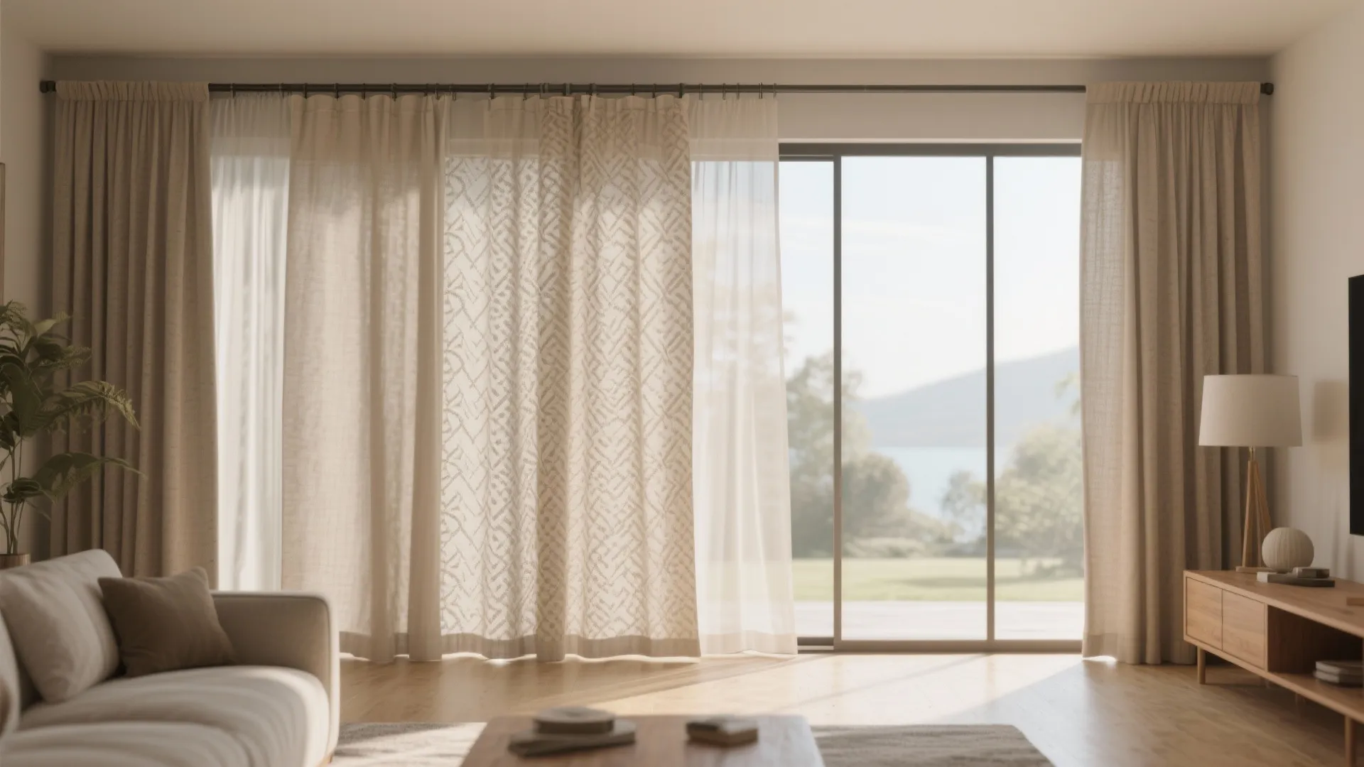 Light beige curtain covering large glass doors in a living room with mountain view outside