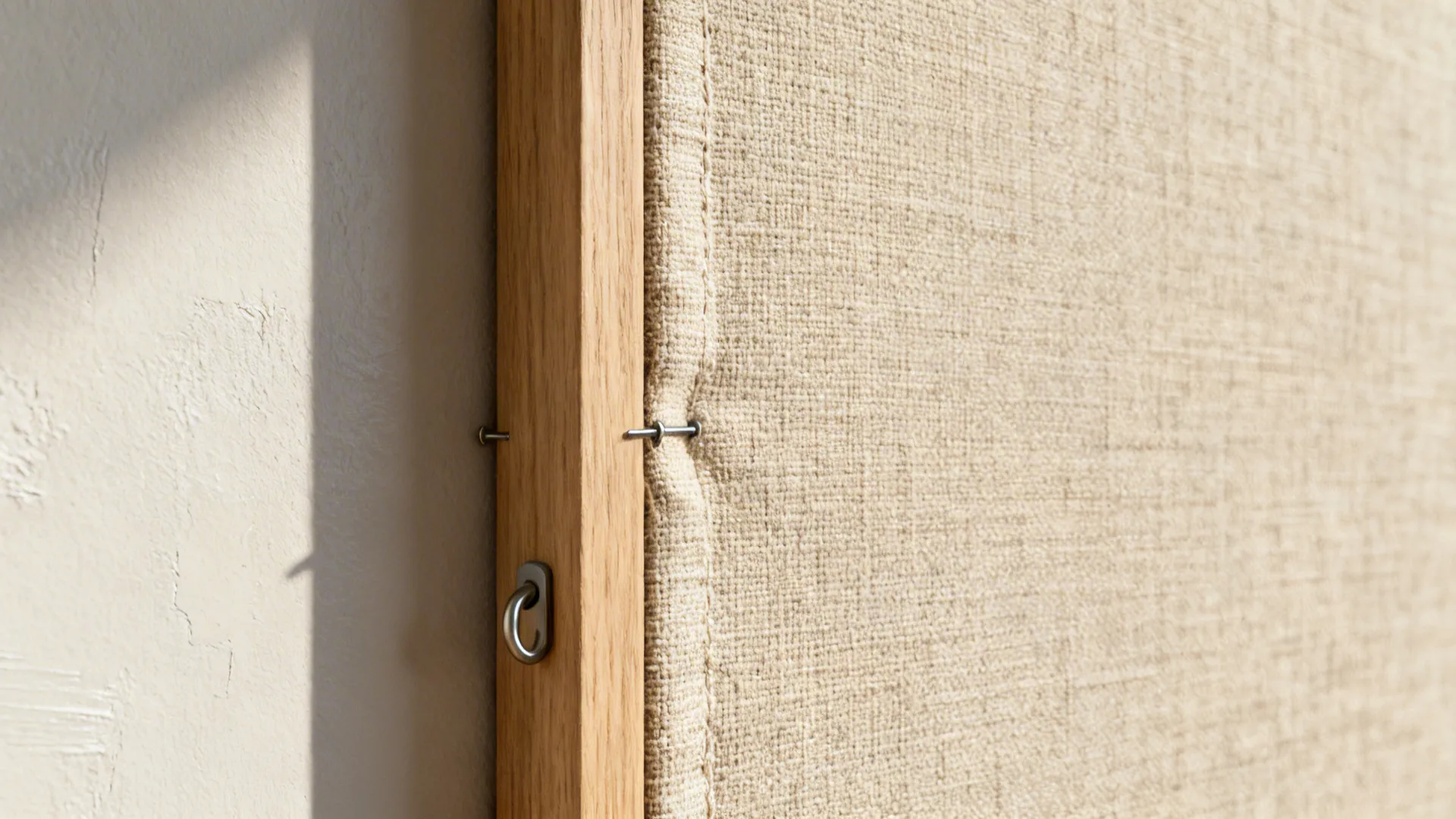 Close-up of a linen-covered removable wall panel mounted with a picture hook.