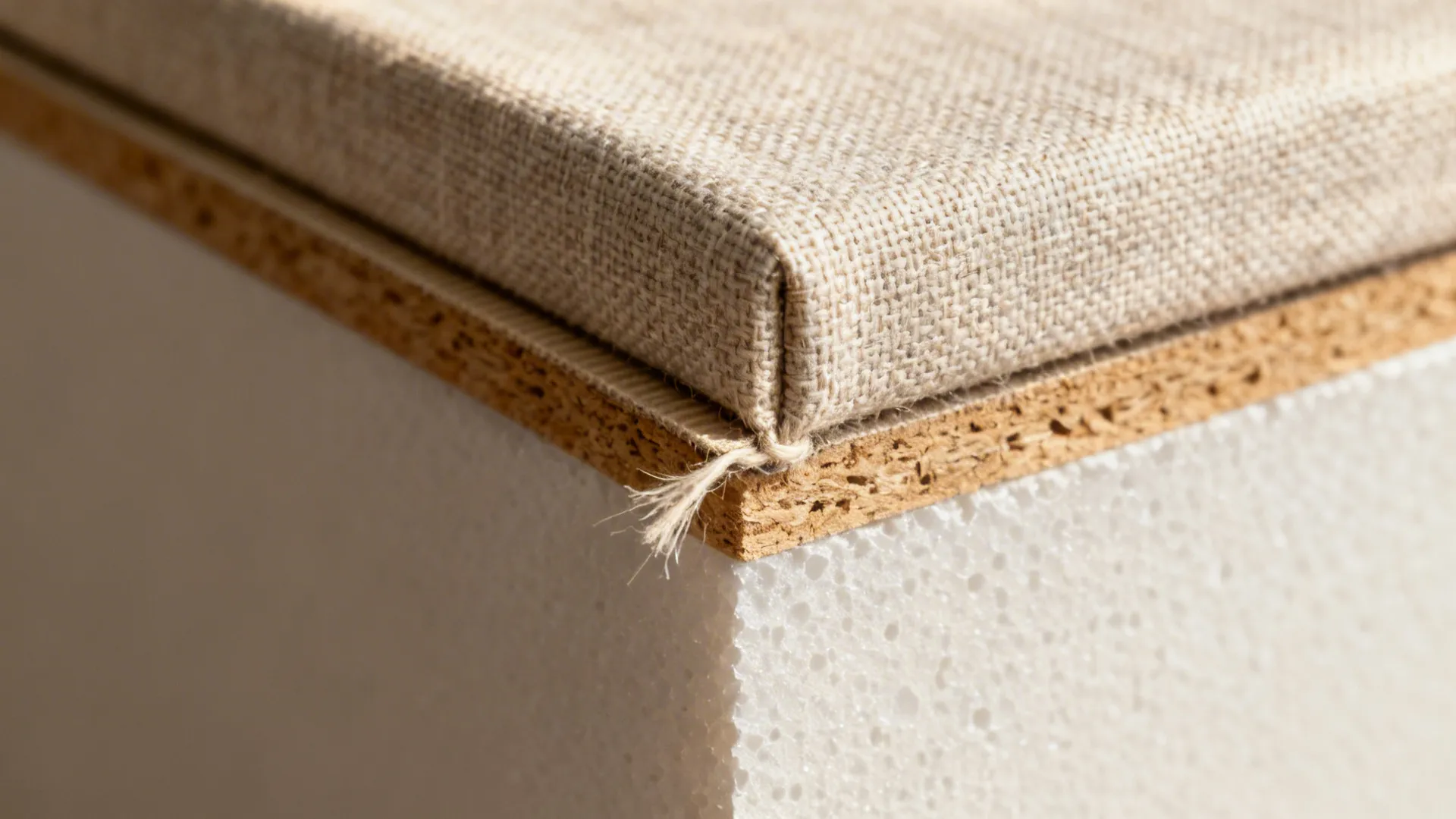 Close-up of linen fabric panel edge and removable mounting showing detailed weave and clean finish.